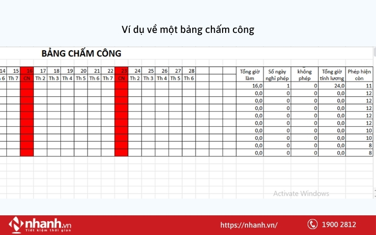 Ví dụ về một bảng chấm công