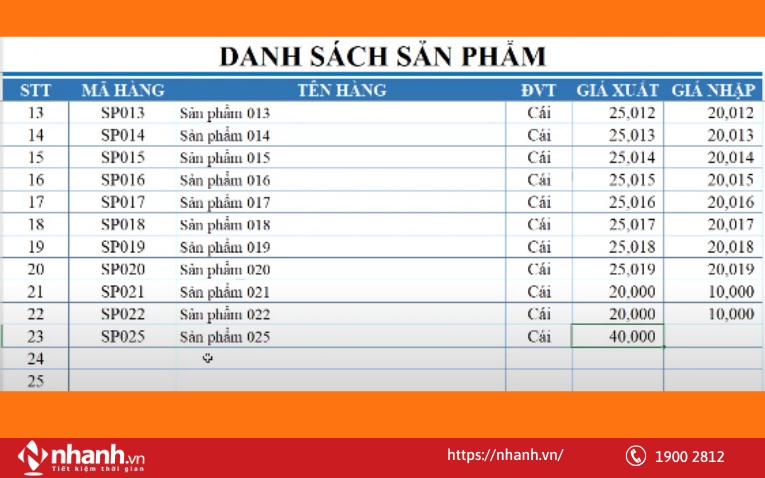 Ví dụ về sheet danh mục