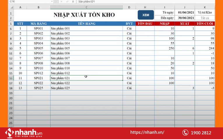 Ví dụ về Sheet nhập