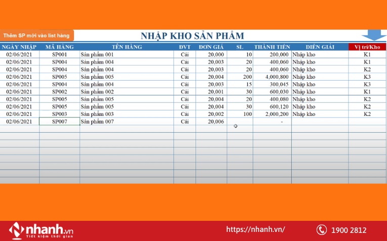 Ví dụ về sheet nhập