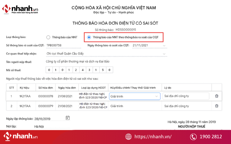 Vị trí hiển thị mã của cơ quan thuế trên bản thể hiện hóa đơn điện tử