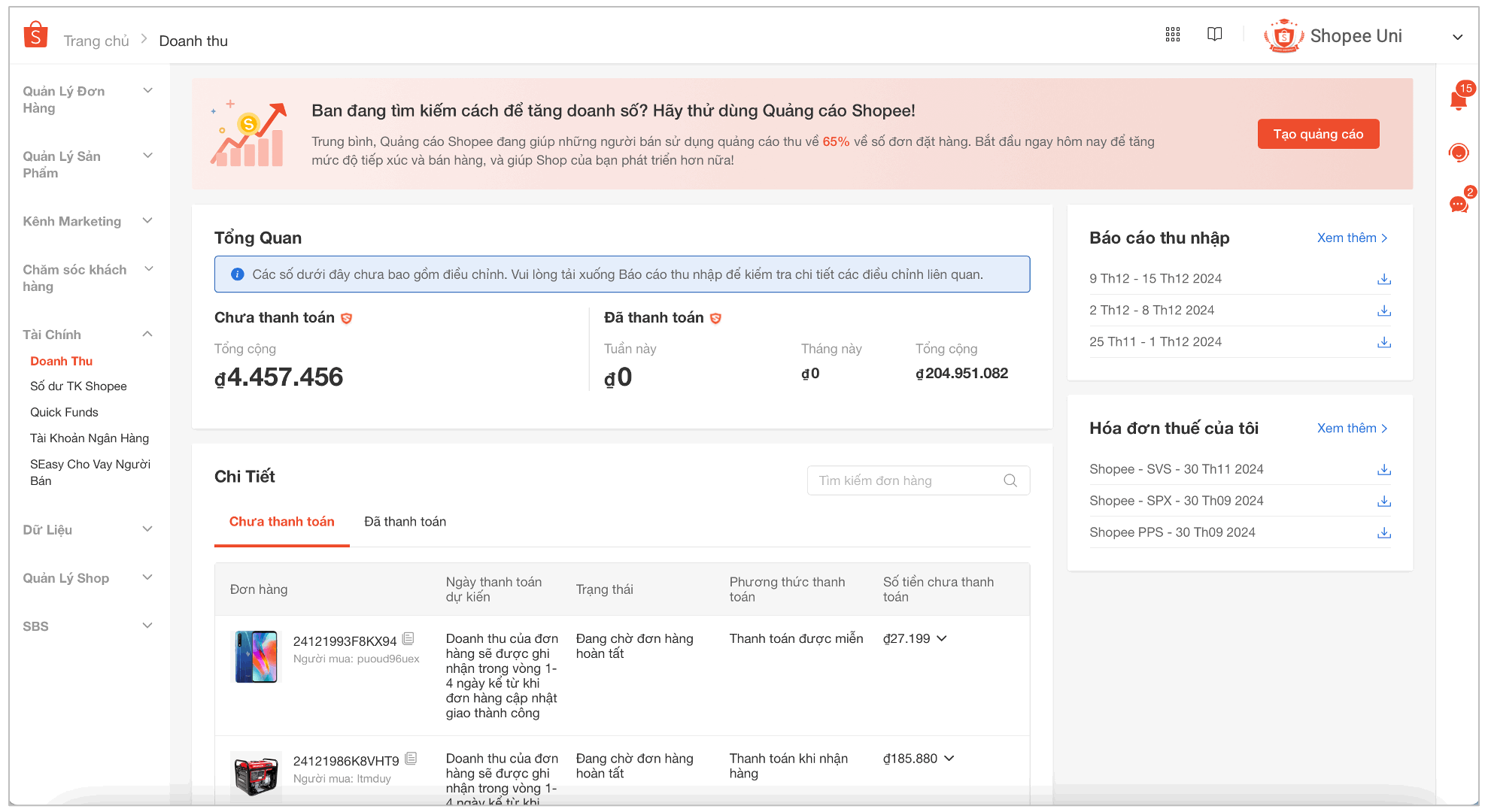 Cách xuất báo cáo doanh thu Shopee