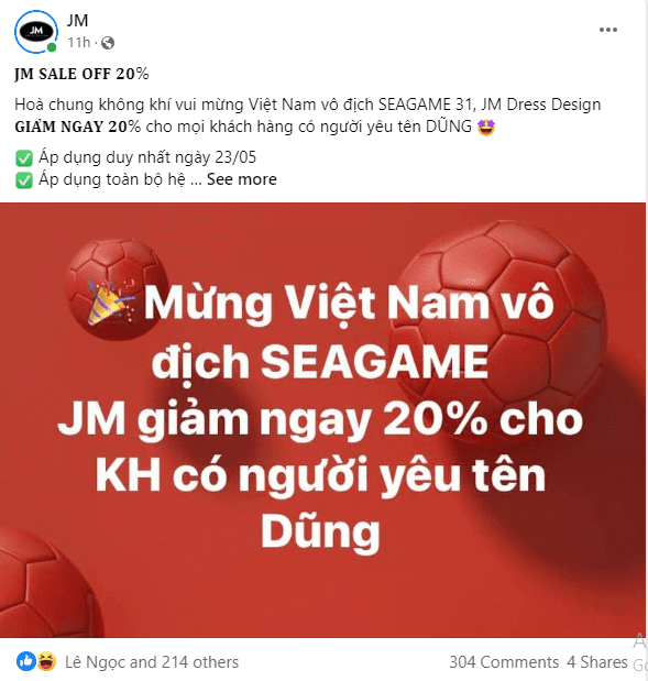 JM giảm giá 20% cho khách hàng có người yêu tên Dũng