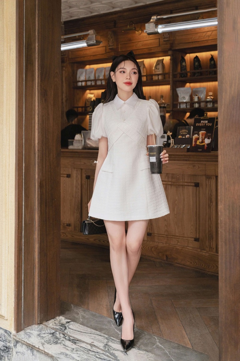Đầm váy trắng, đầm trắng dự tiệc tay dài phồng nhẹ, cổ đắp chéo chữ V dễ  thương, thanh lịch | Shopee Việt Nam