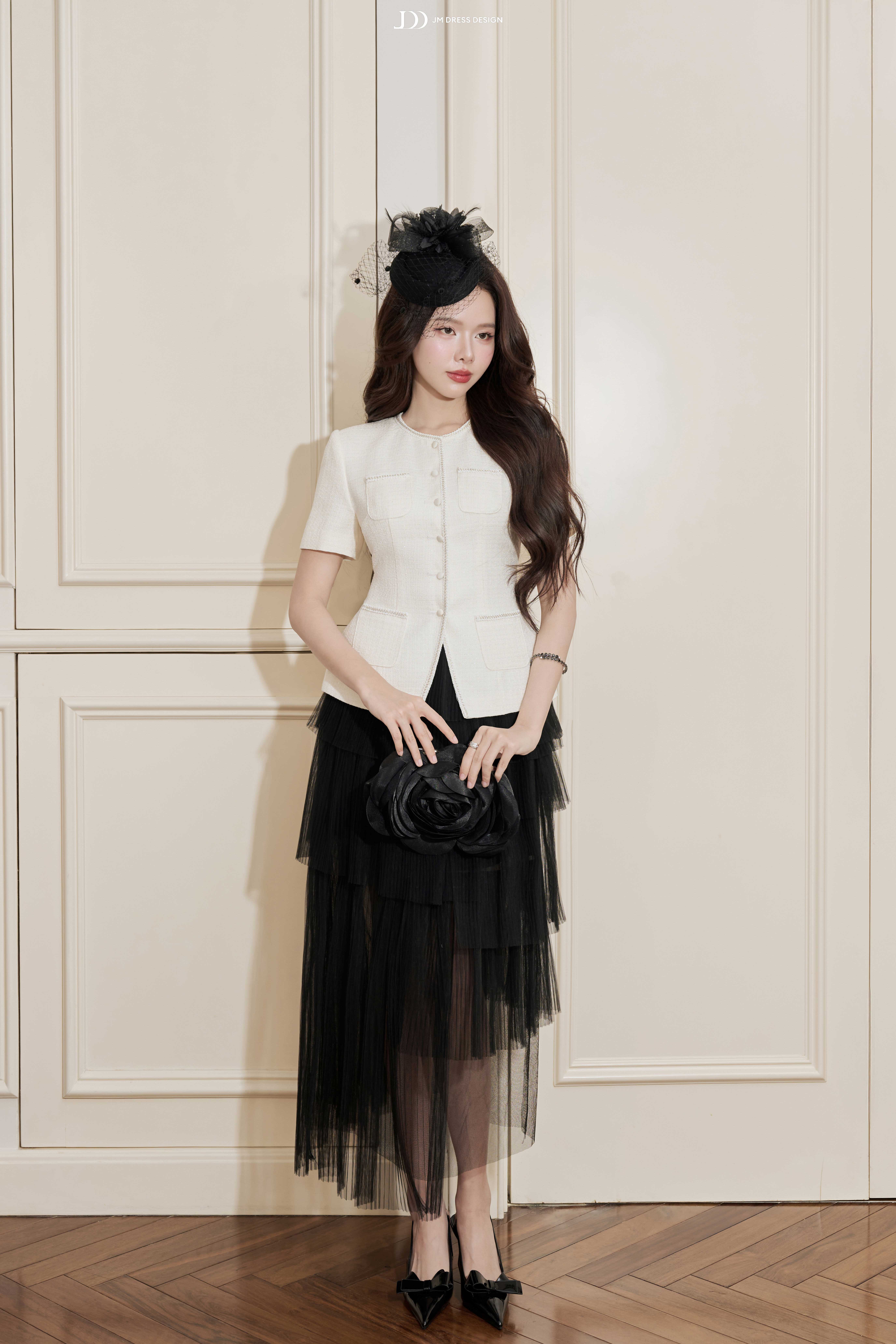 Áo tweed cổ tròn 4 túi ốp