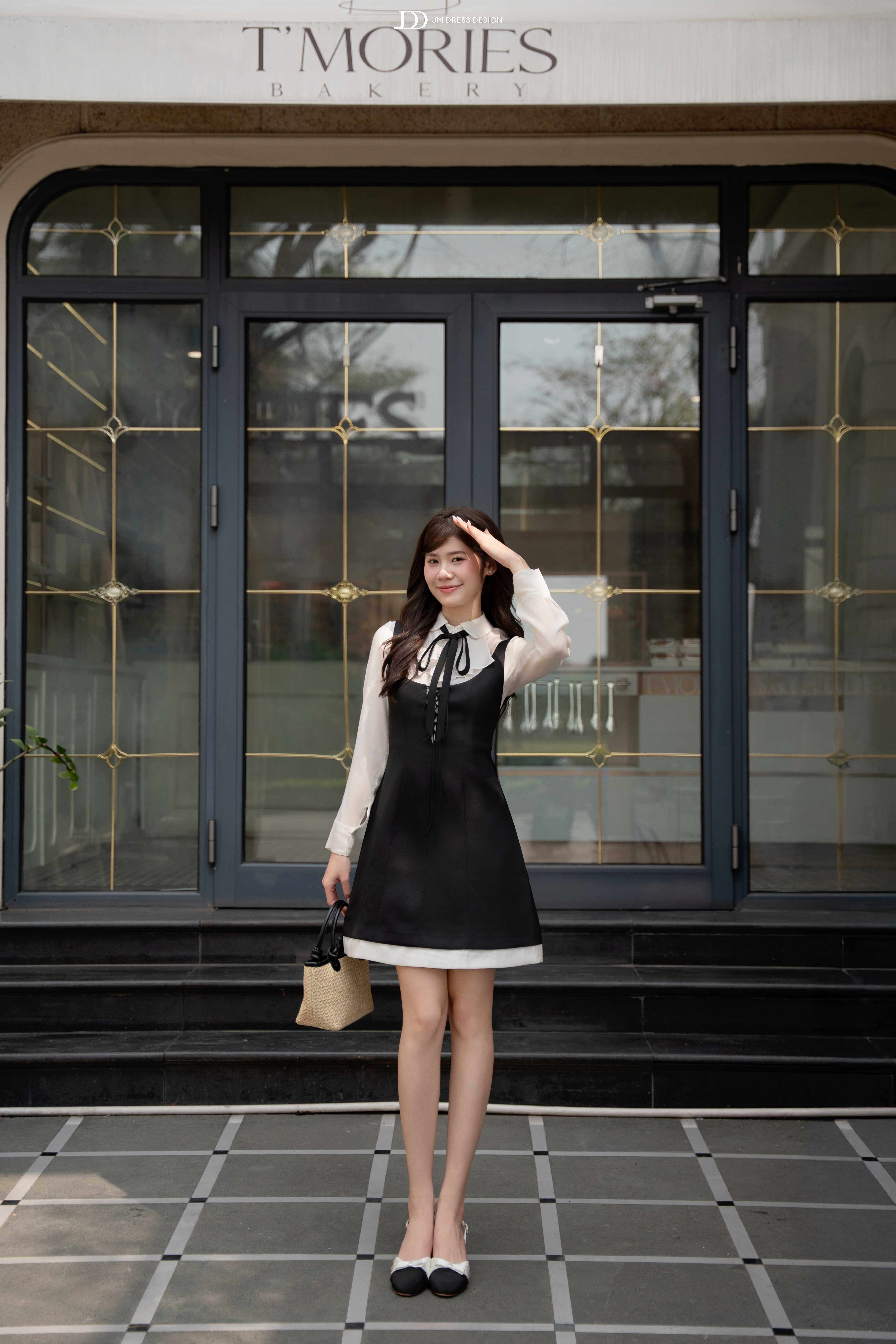 Đầm Xuân Hè cổ U đan dây, phối sơ mi tay