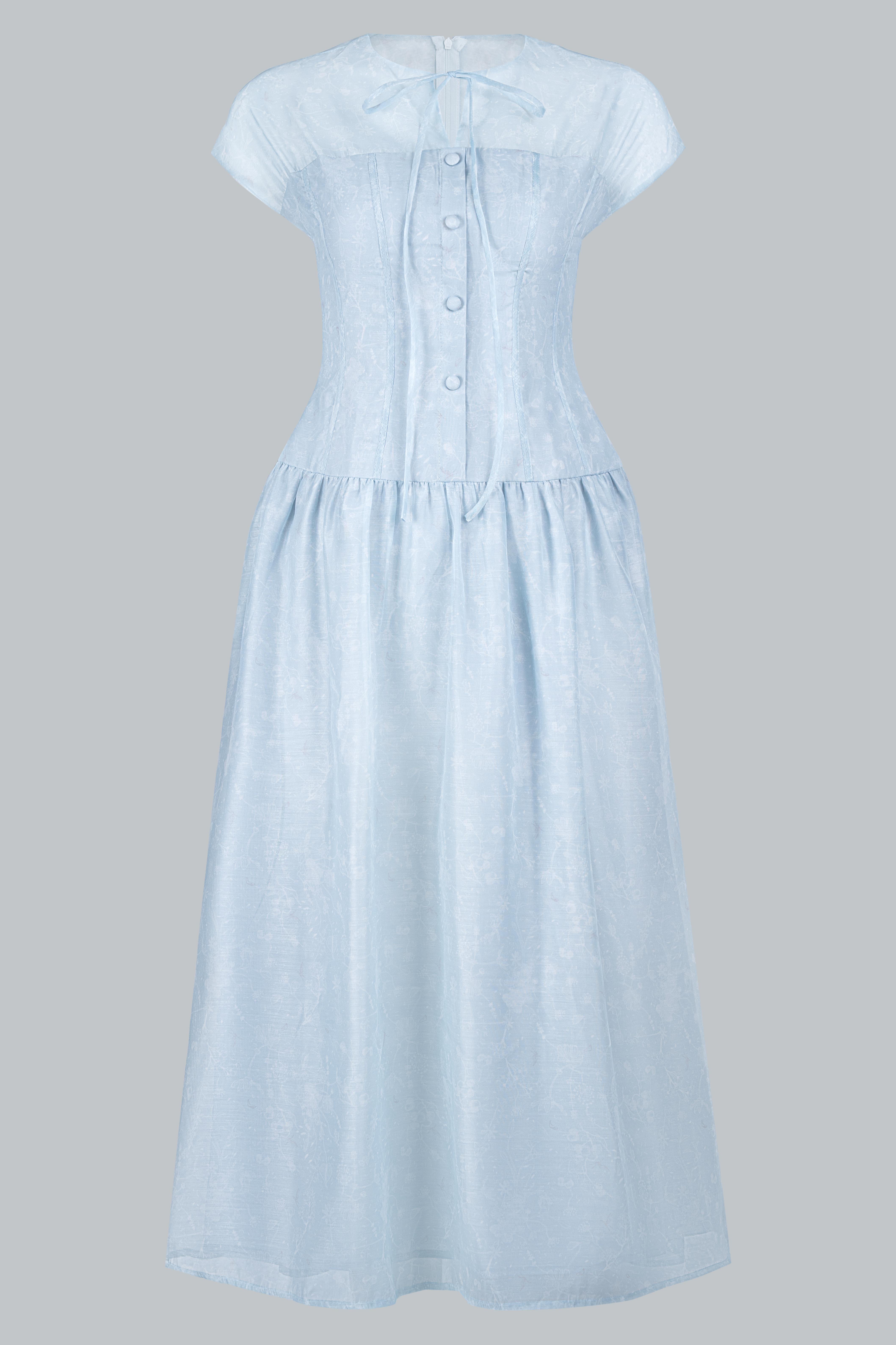 Đầm Xuân Hè cổ tròn vai chờm, chân nhún