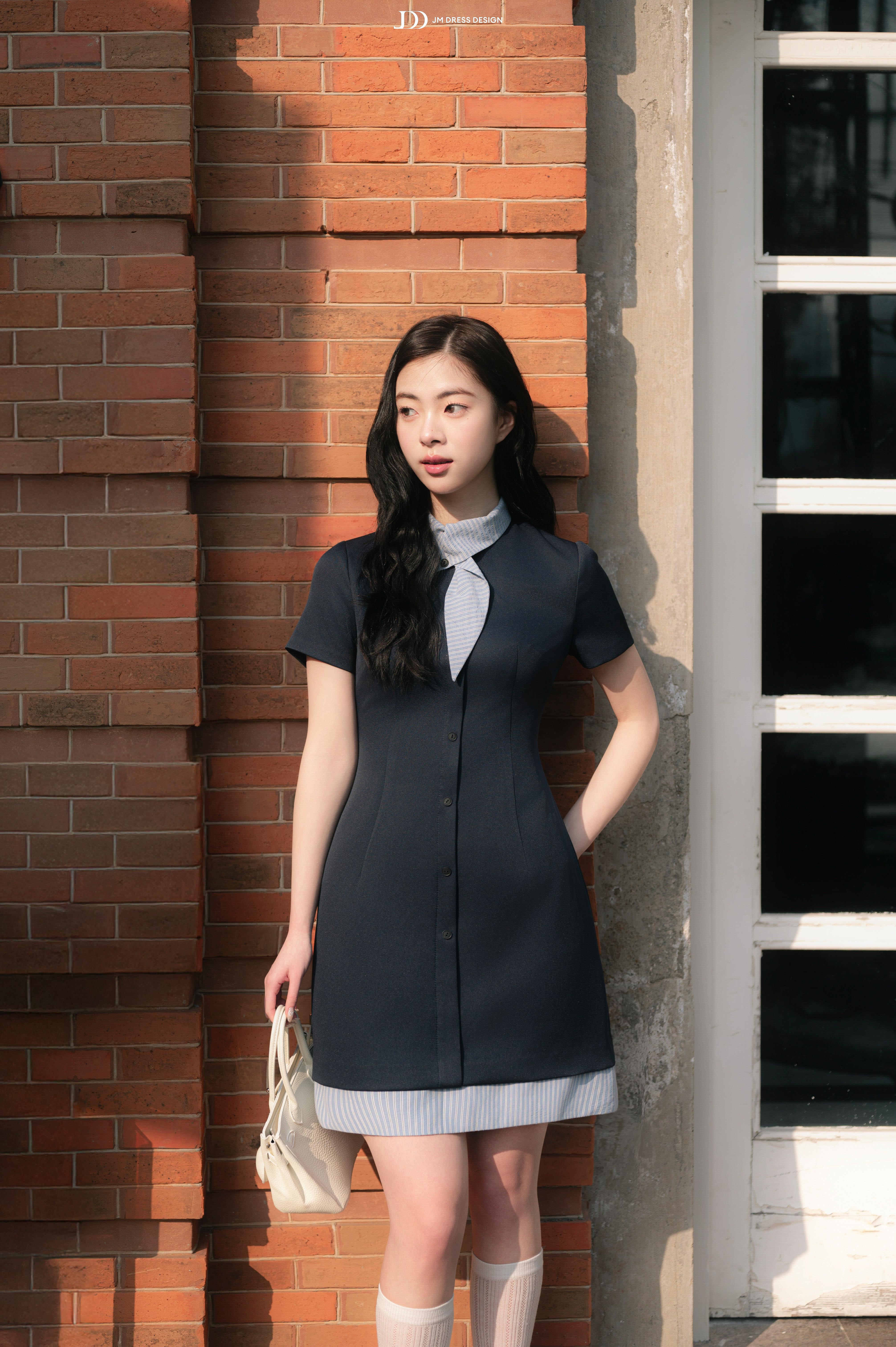 Đầm Xuân Hè dáng A phối cổ kẻ