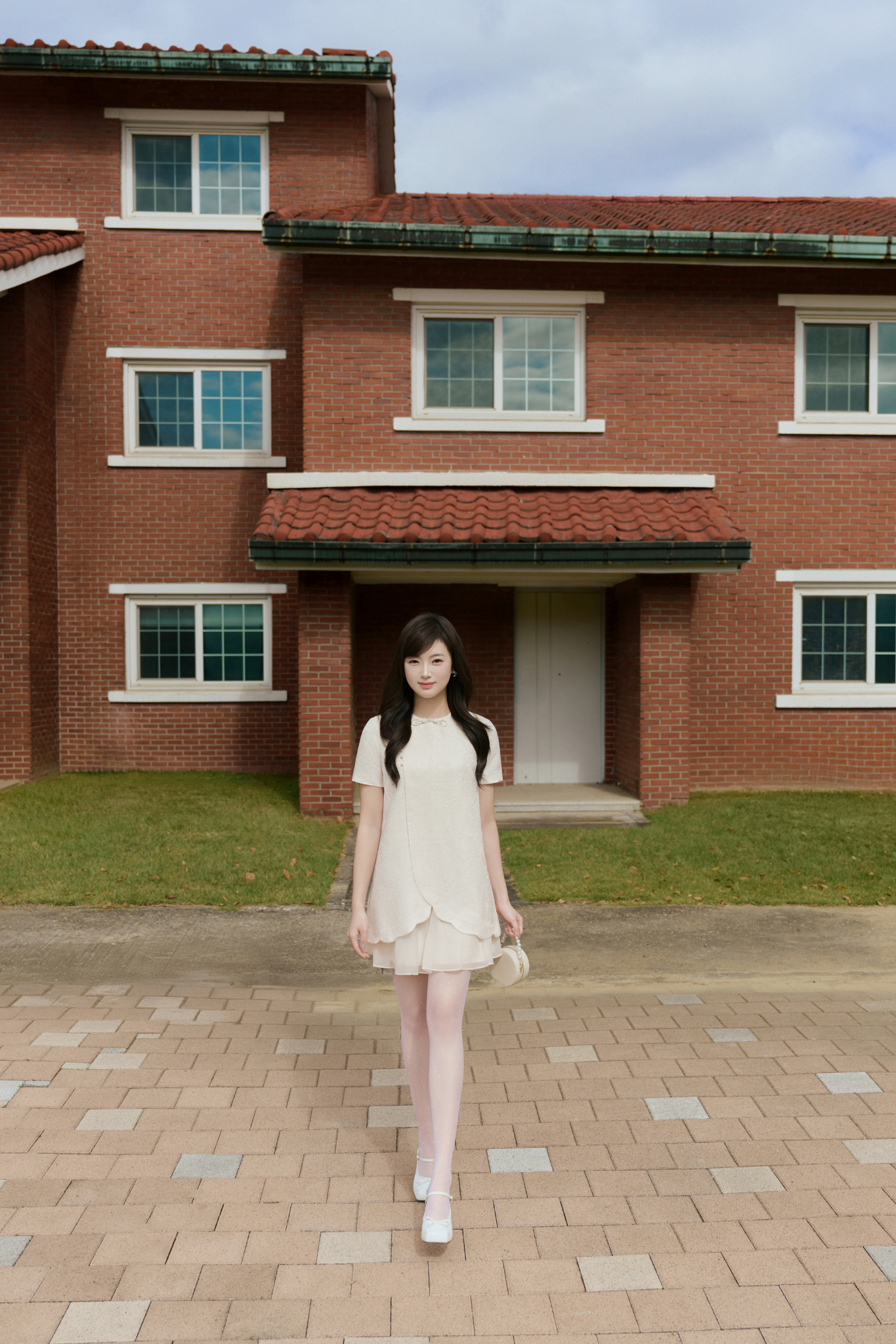 Đầm cổ tròn dáng suông lượn gấu tròn