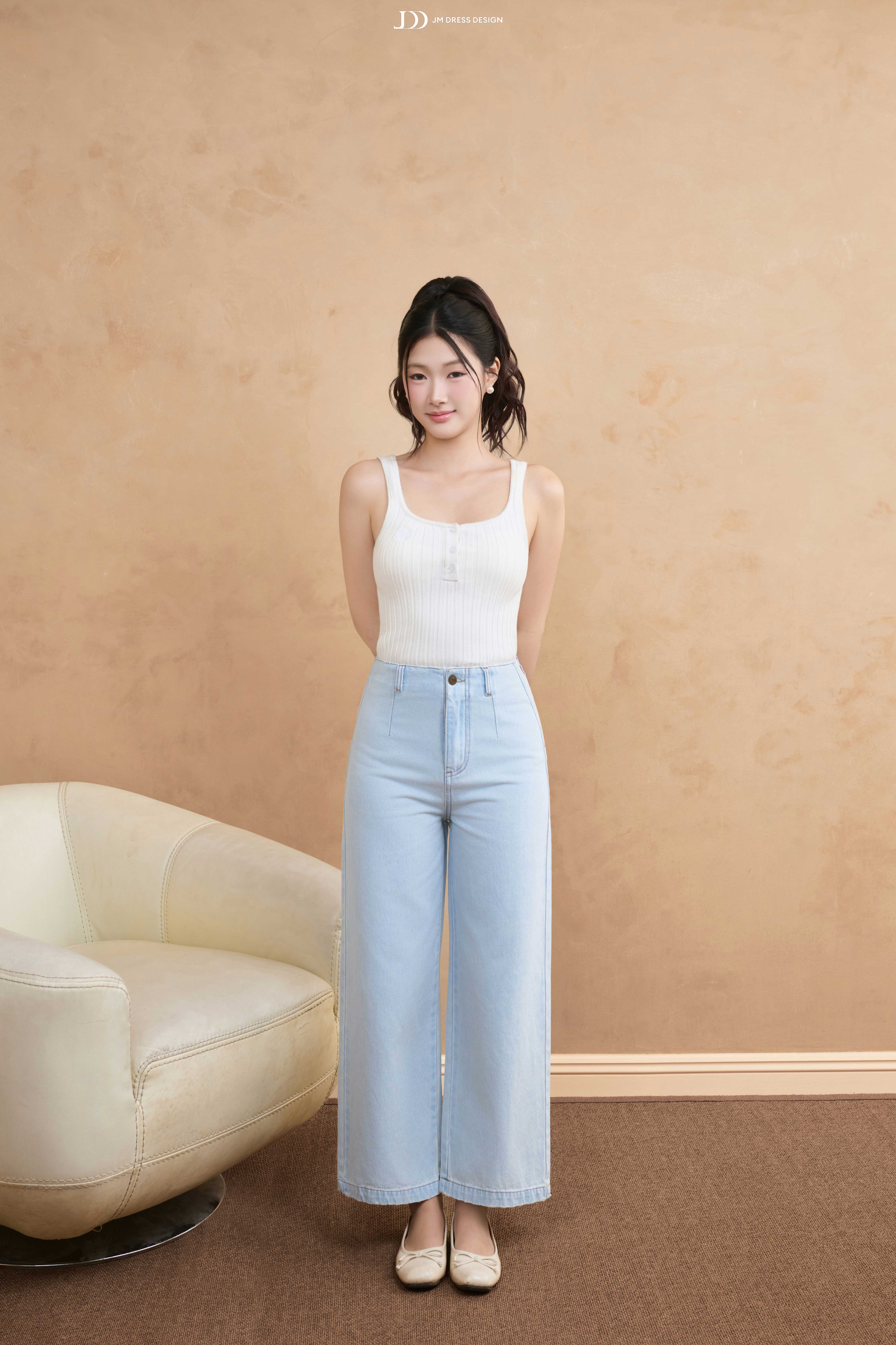 Quần jeans cạp liền ống lỡ