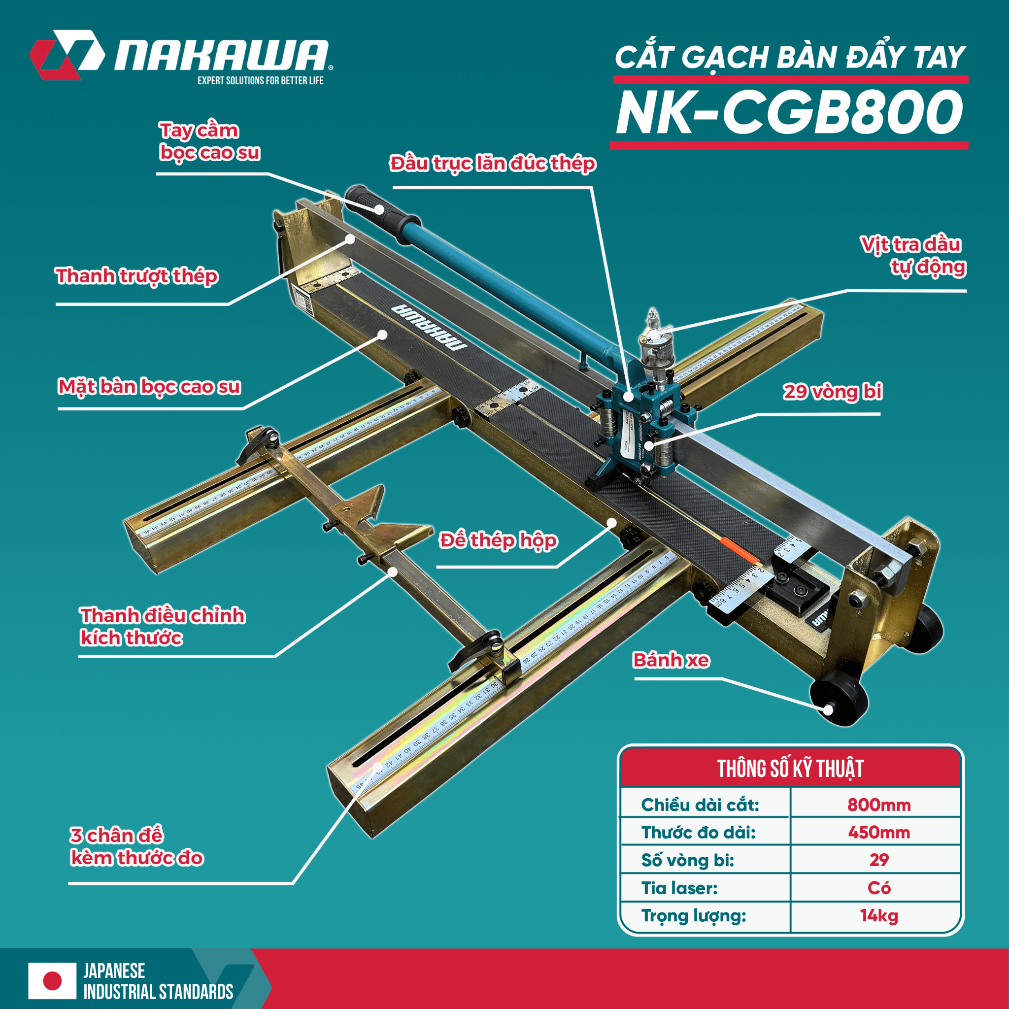 Bàn cắt gạch đẩy tay Nakawa NK-CGB800 ( 29 vòng bi ) | Lưỡi cắt hợp kim phủ kim cương