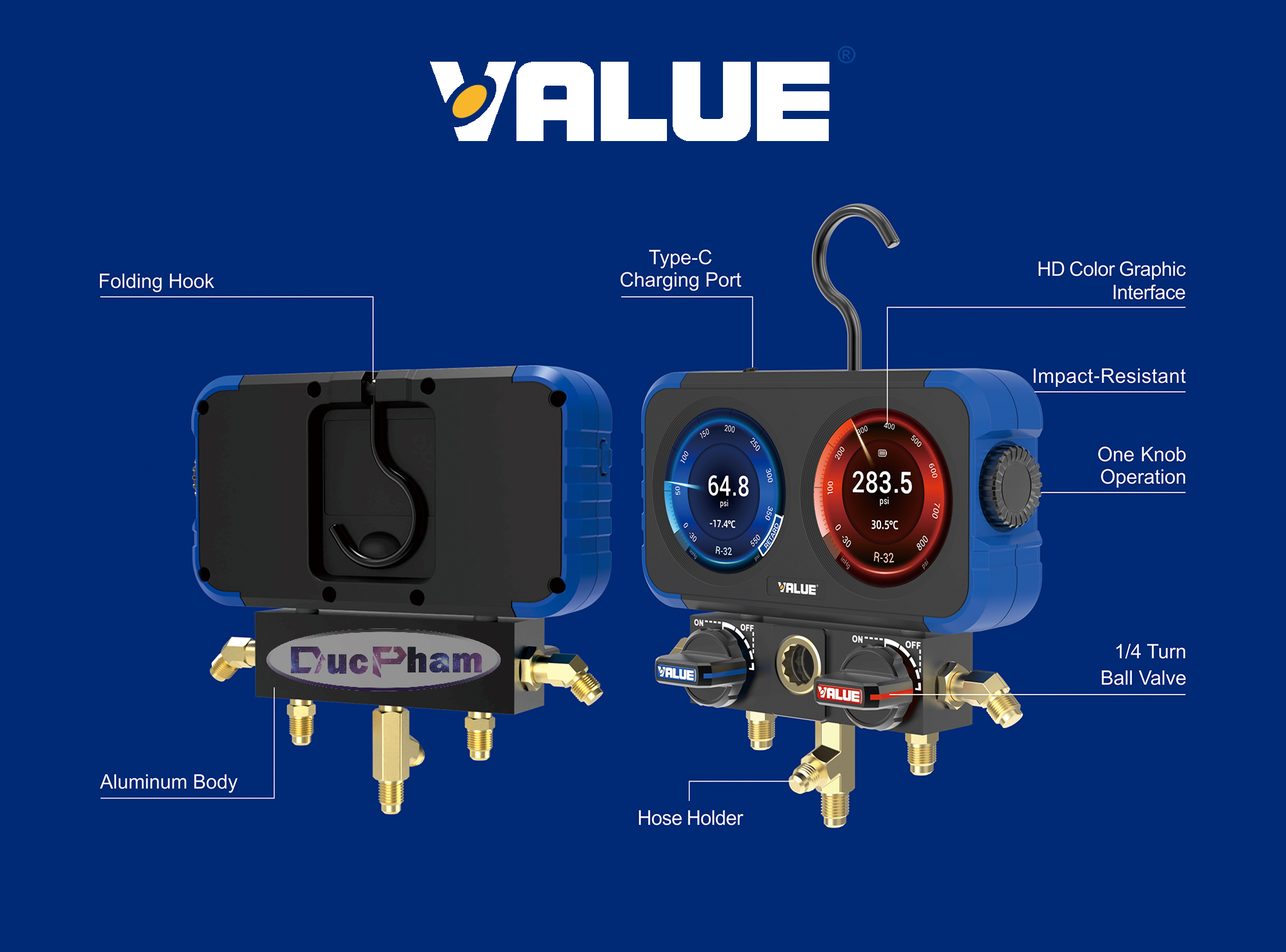 Đồng hồ nạp gas đôi điện tử Value VRM2-X | Hỗ trợ 72 loại gas | Màn hình LCD màu