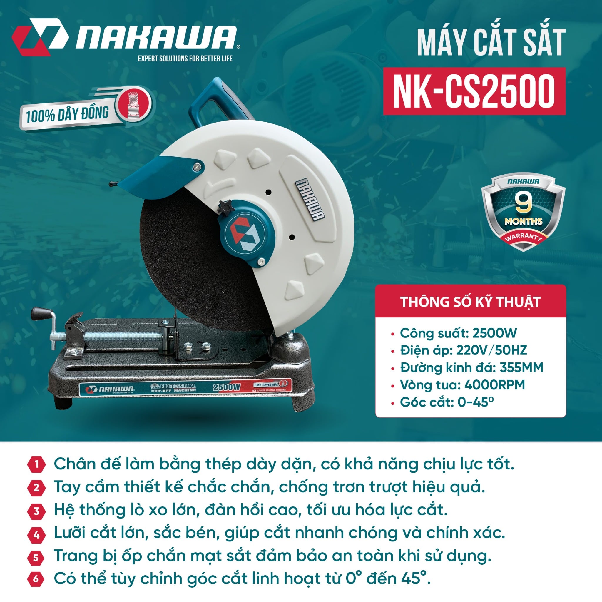 Máy cắt sắt Nakawa NK-CM355 | Rotor dây đồng | Cắt góc nghiêng 45º