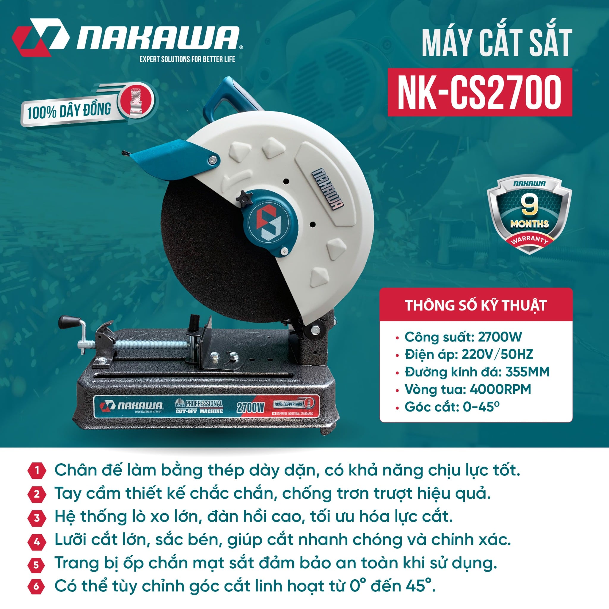 Máy cắt sắt Nakawa NK-CM356 | Rotor dây đồng | Cắt góc nghiêng 45º