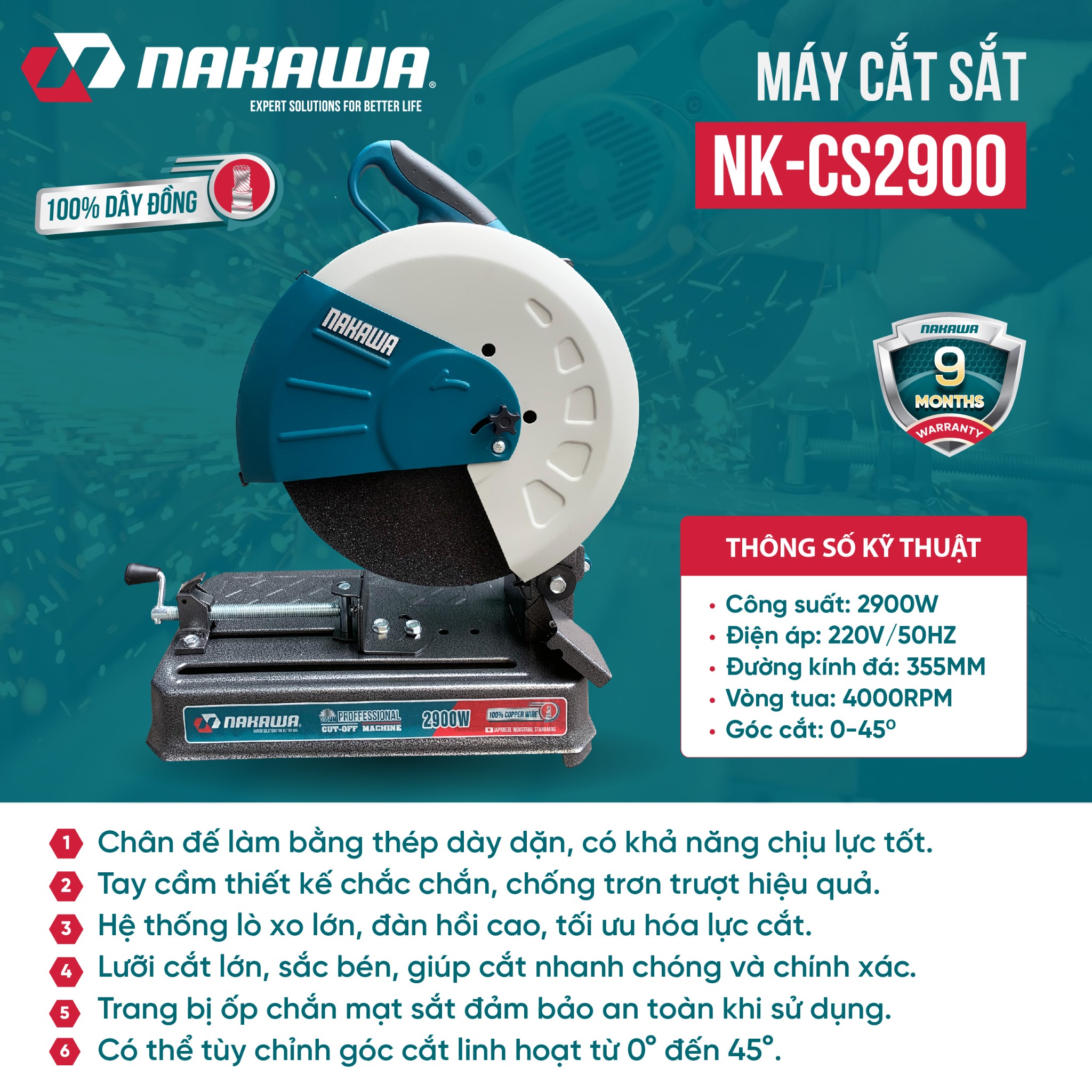 Máy cắt sắt Nakawa NK-CM357 | Rotor dây đồng | Cắt góc nghiêng 45º