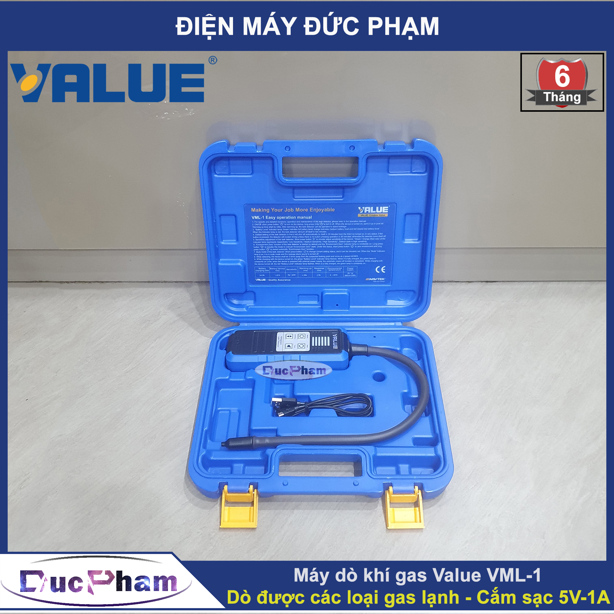 Máy dò khí gas Value VML-1 | Dò các loại gas lạnh | Sạc Micro USB + Nguồn 5V-1A