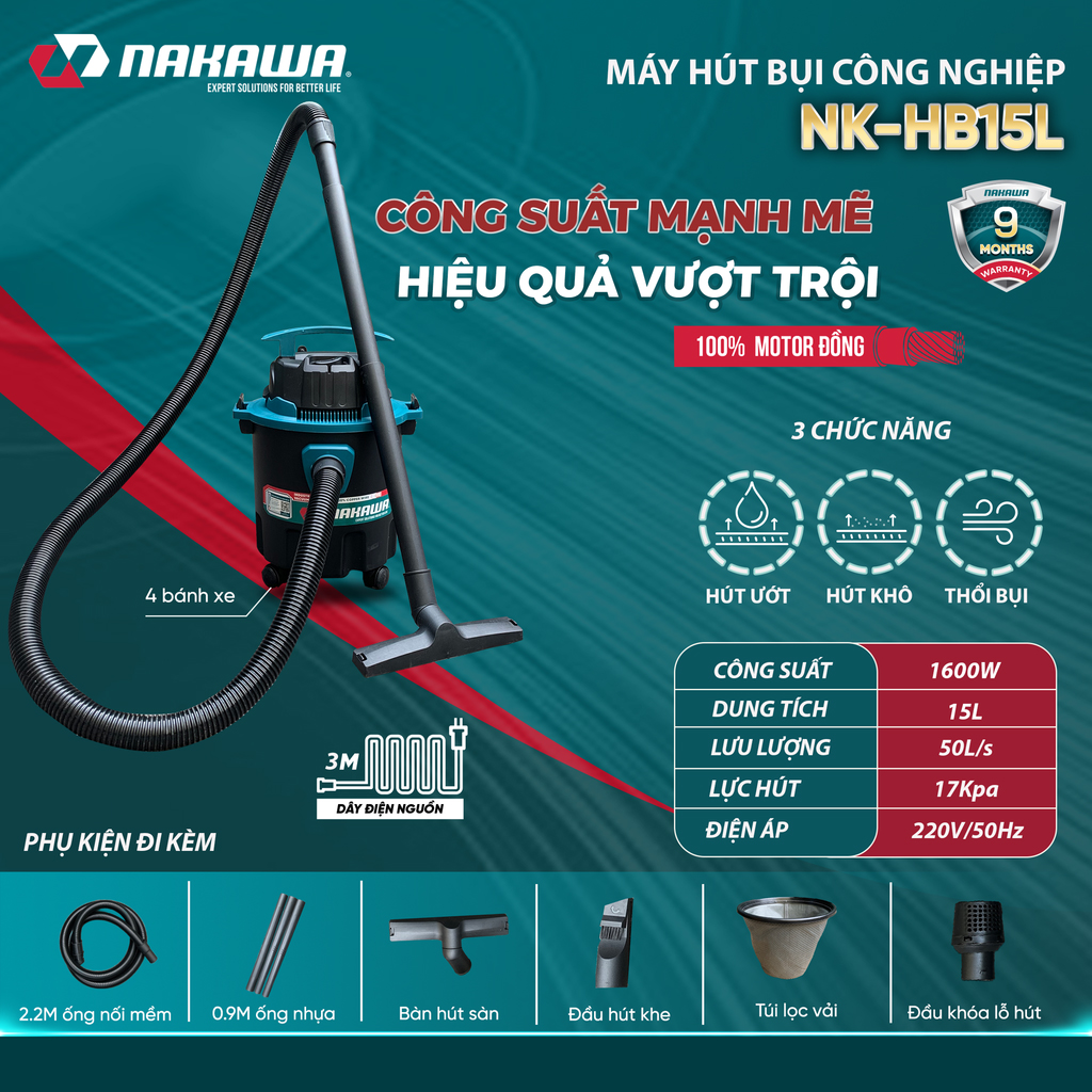 Máy hút bụi công nghiệp Nakawa NK-HB15L ( Chính hãng ) Motor dây đồng