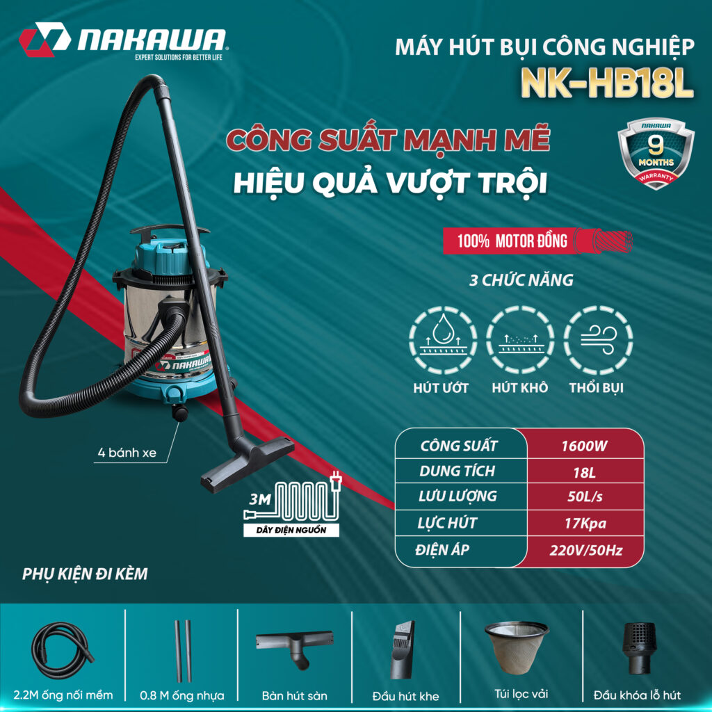 Máy hút bụi công nghiệp Nakawa NK-HB18L ( Chính hãng ) Motor dây đồng