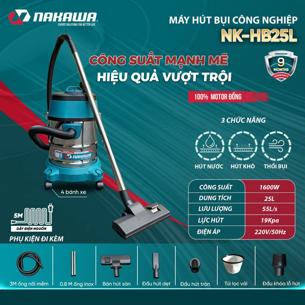 Máy hút bụi công nghiệp Nakawa NK-HB25L ( Chính hãng ) Motor dây đồng
