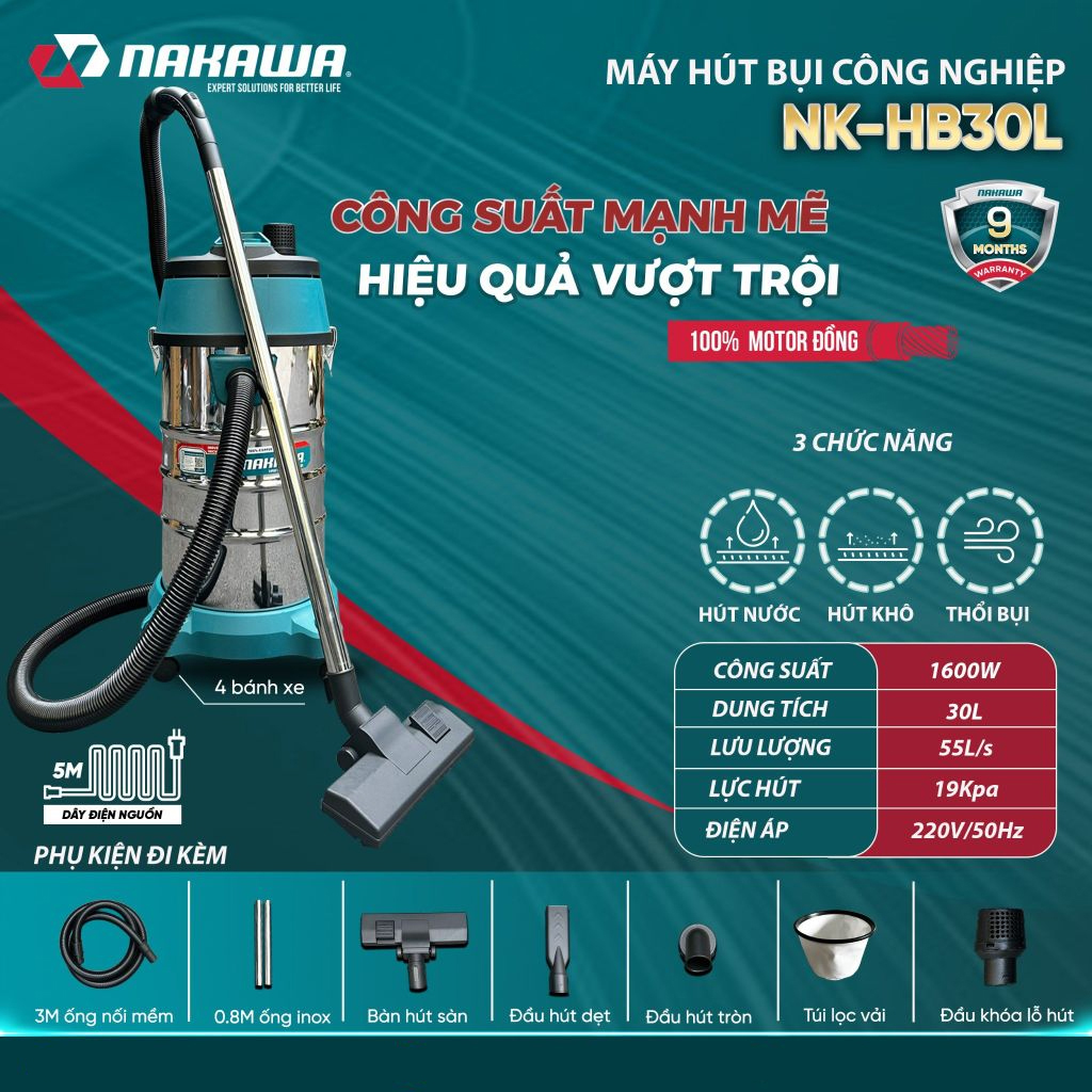 Máy hút bụi công nghiệp Nakawa NK-HB30L ( Chính hãng ) Motor dây đồng