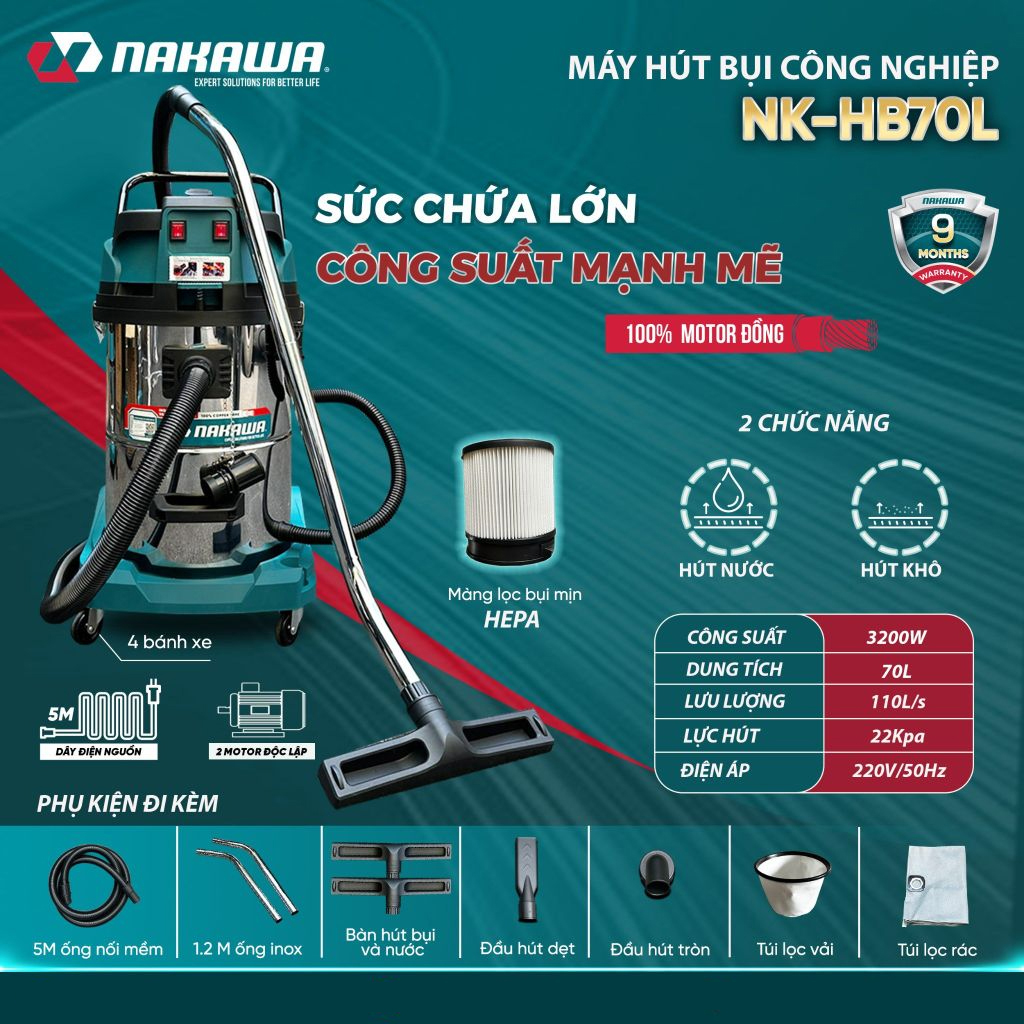 Máy hút bụi công nghiệp Nakawa NK-HB70L ( Chính hãng ) Motor dây đồng