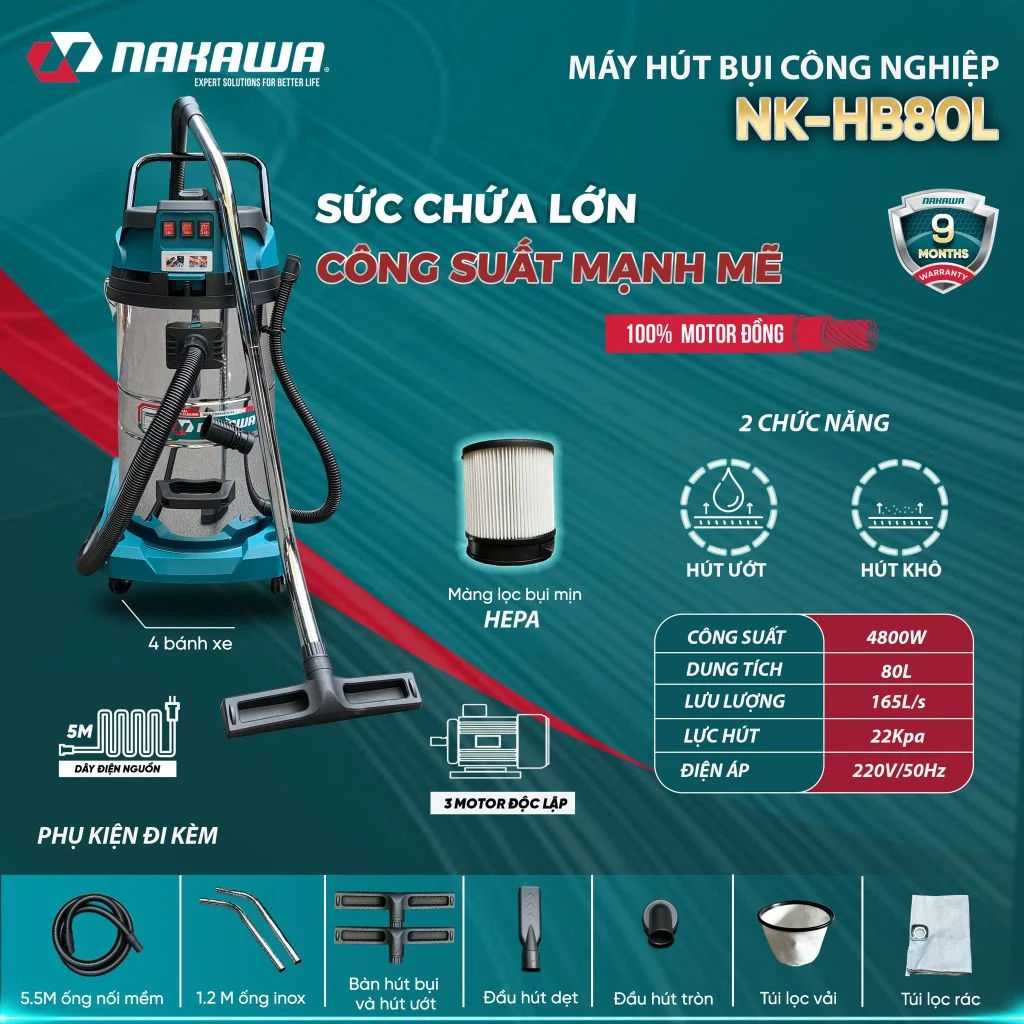 Máy hút bụi công nghiệp Nakawa NK-HB80L ( Chính hãng ) Motor dây đồng