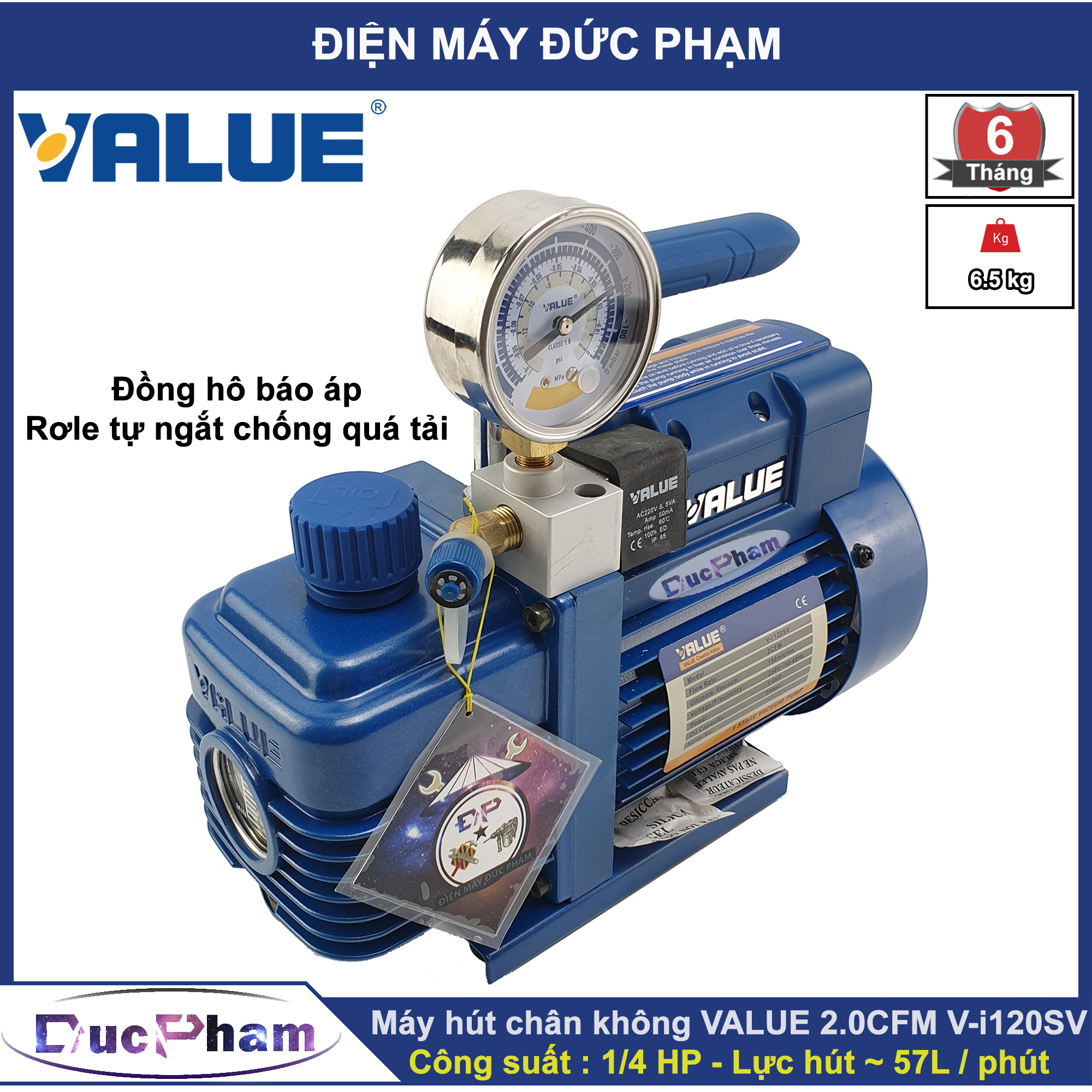 Máy hút chân không VALUE 2.0CFM V-i120SV ( đồng hồ báo áp )