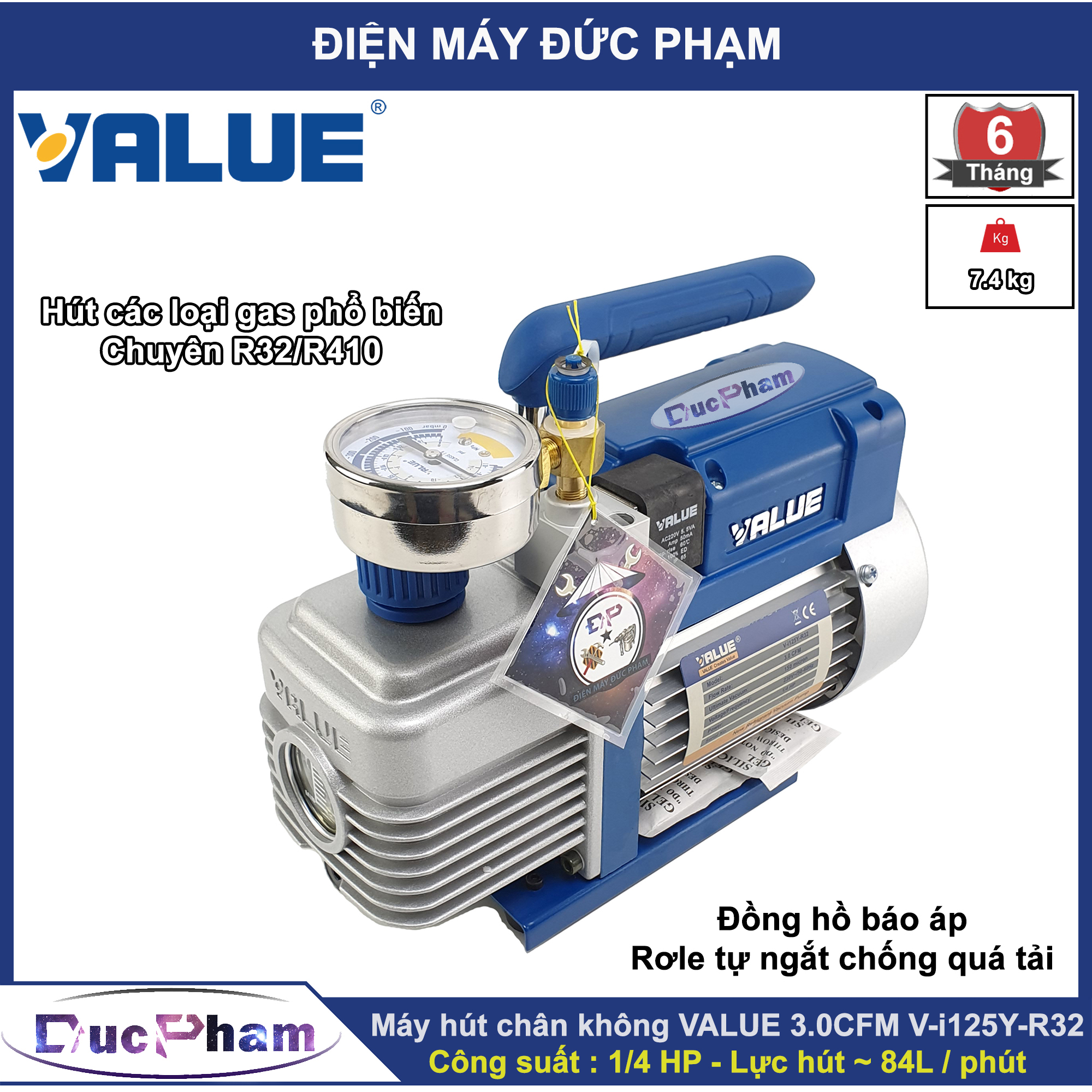 Máy hút chân không VALUE 3.0CFM V-i125Y-R32 ( đồng hồ báo áp )