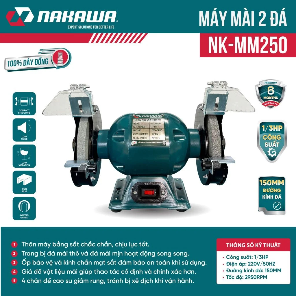 Máy mài 2 đá Nakawa NK-MM250 | Motor dây đồng