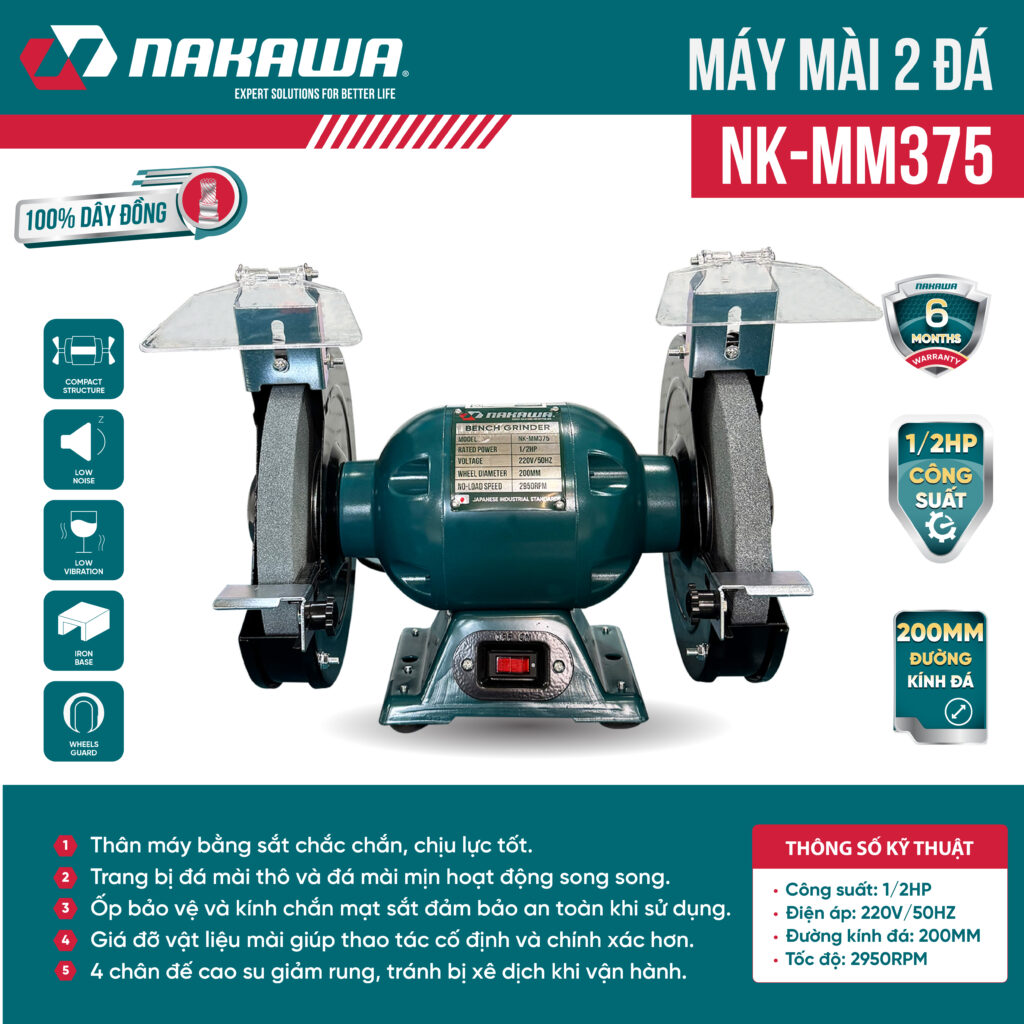 Máy mài 2 đá Nakawa NK-MM375 | Motor dây đồng