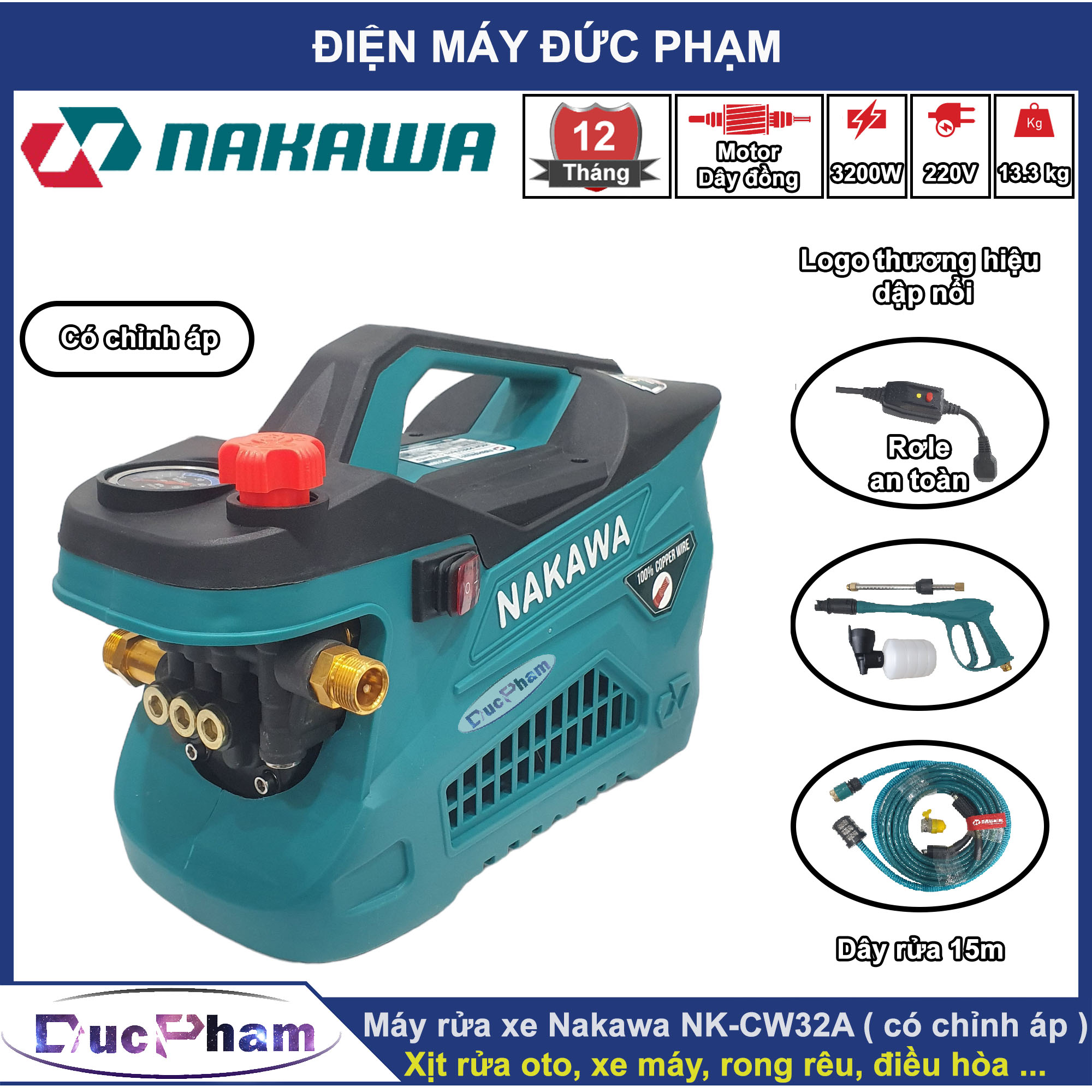 Máy rửa xe Nakawa NK-MP3100NA ( Tên mới NK-CW32A ) có chỉnh áp | Motor dây đồng