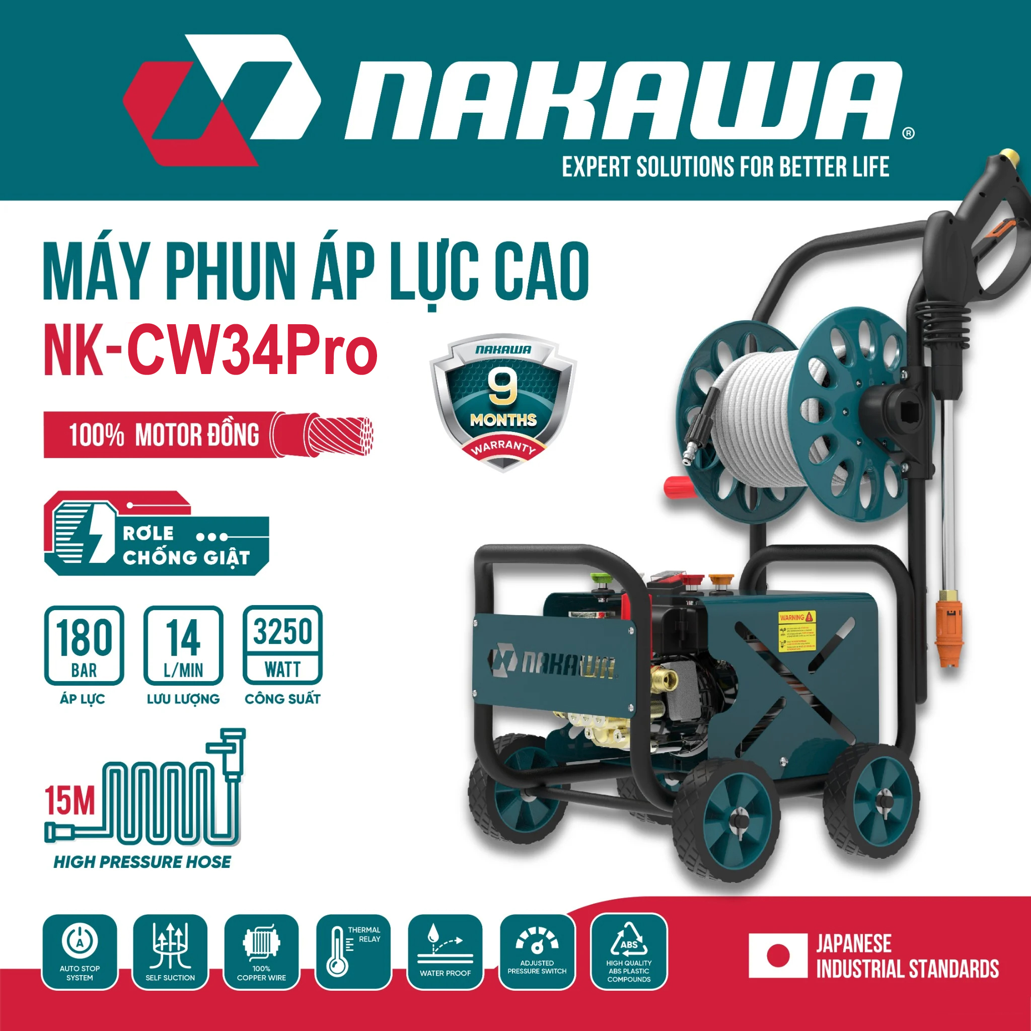 Máy rửa xe Nakawa NK-MP3250Pro ( Tên mới NK-CW34Pro ) có chỉnh áp | Motor dây đồng | Rơ le an toàn