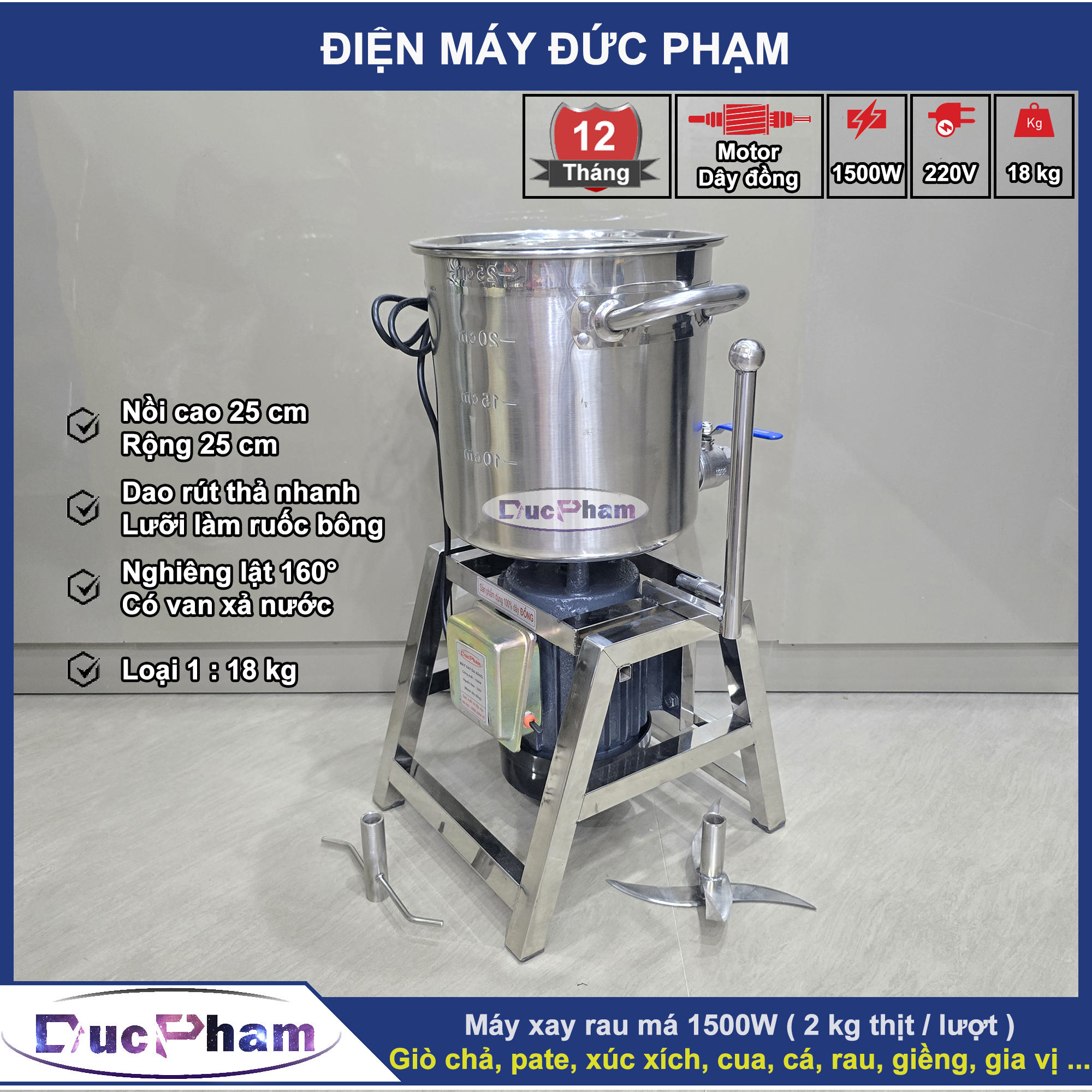 Máy xay rau má 1500w ( 2 kg / lượt ) | Dao rút thả nhanh | Hàng loại 1 ( dây đồng )