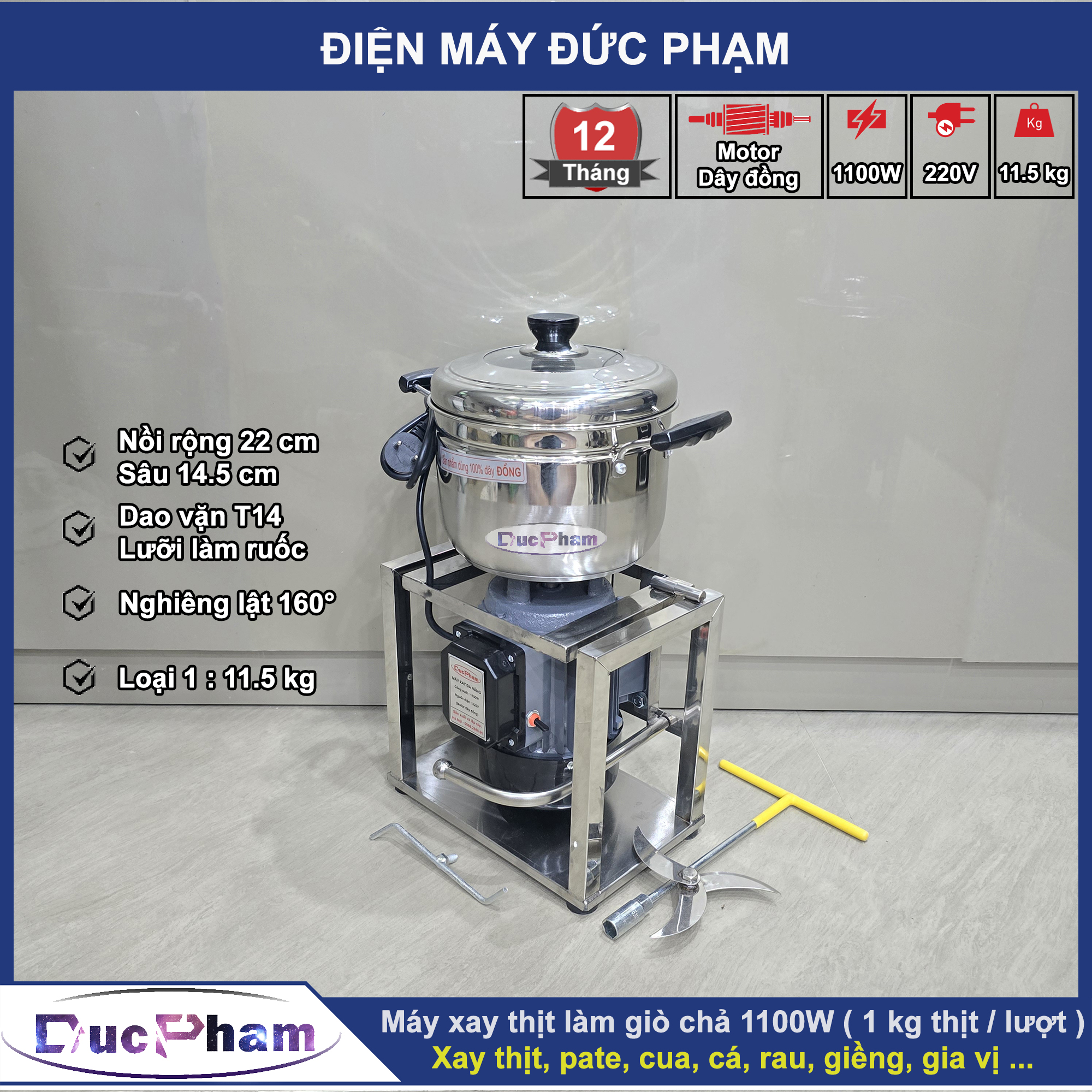 Máy xay thịt làm giò chả 1100W ( 1 kg / lượt ) | Khung vuông Inox ( nồi 22 cm ) | Hàng loại 1 ( dây đồng )