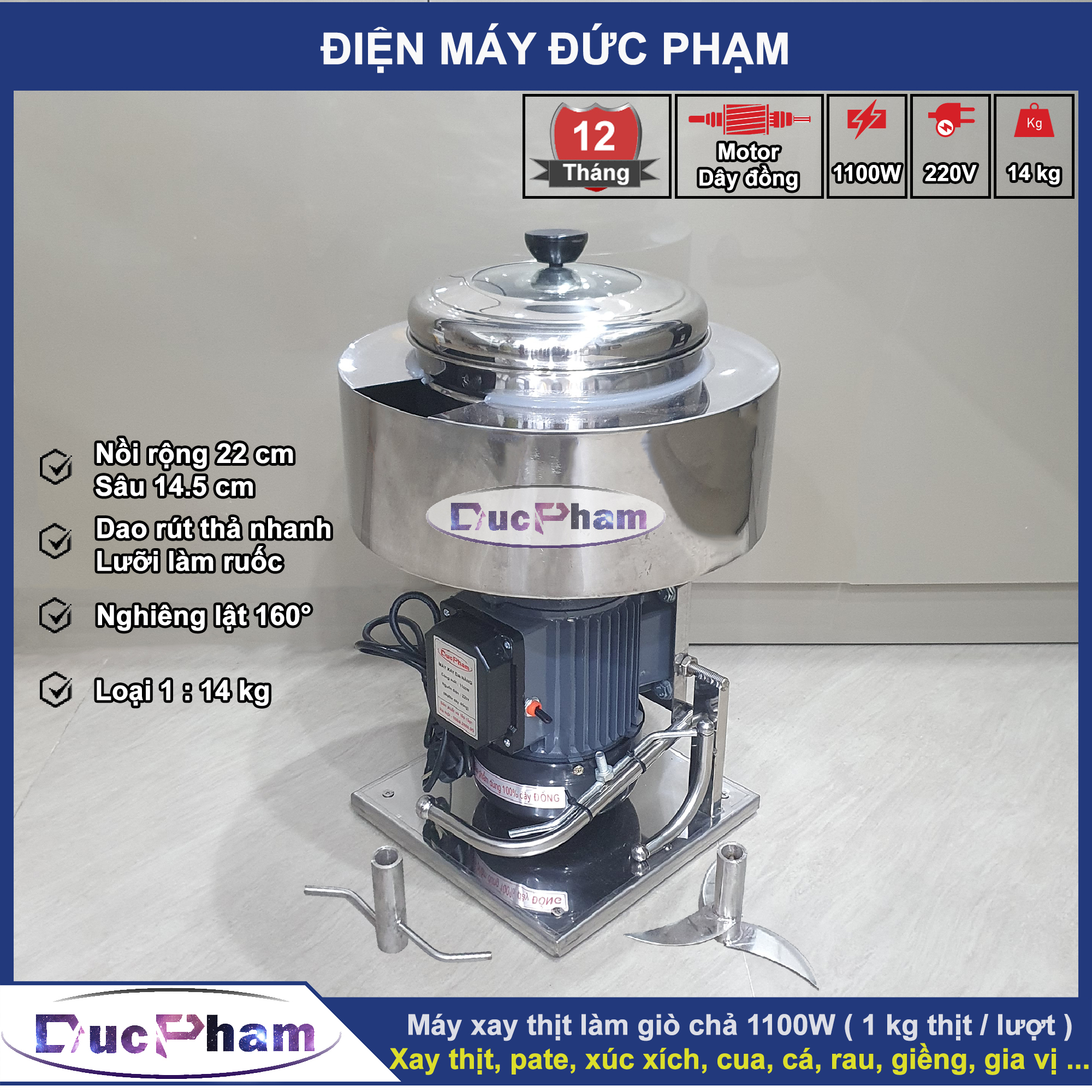 Máy xay thịt làm giò chả 1100w Có bao đá ( 1 kg thịt / lượt ) | Hàng loại 1 dây đồng