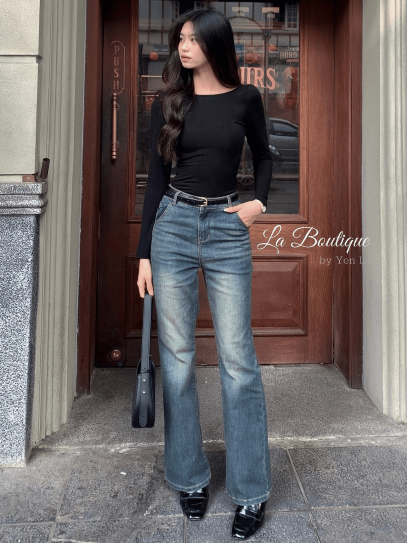 Quần jeans cạp cao ống loe