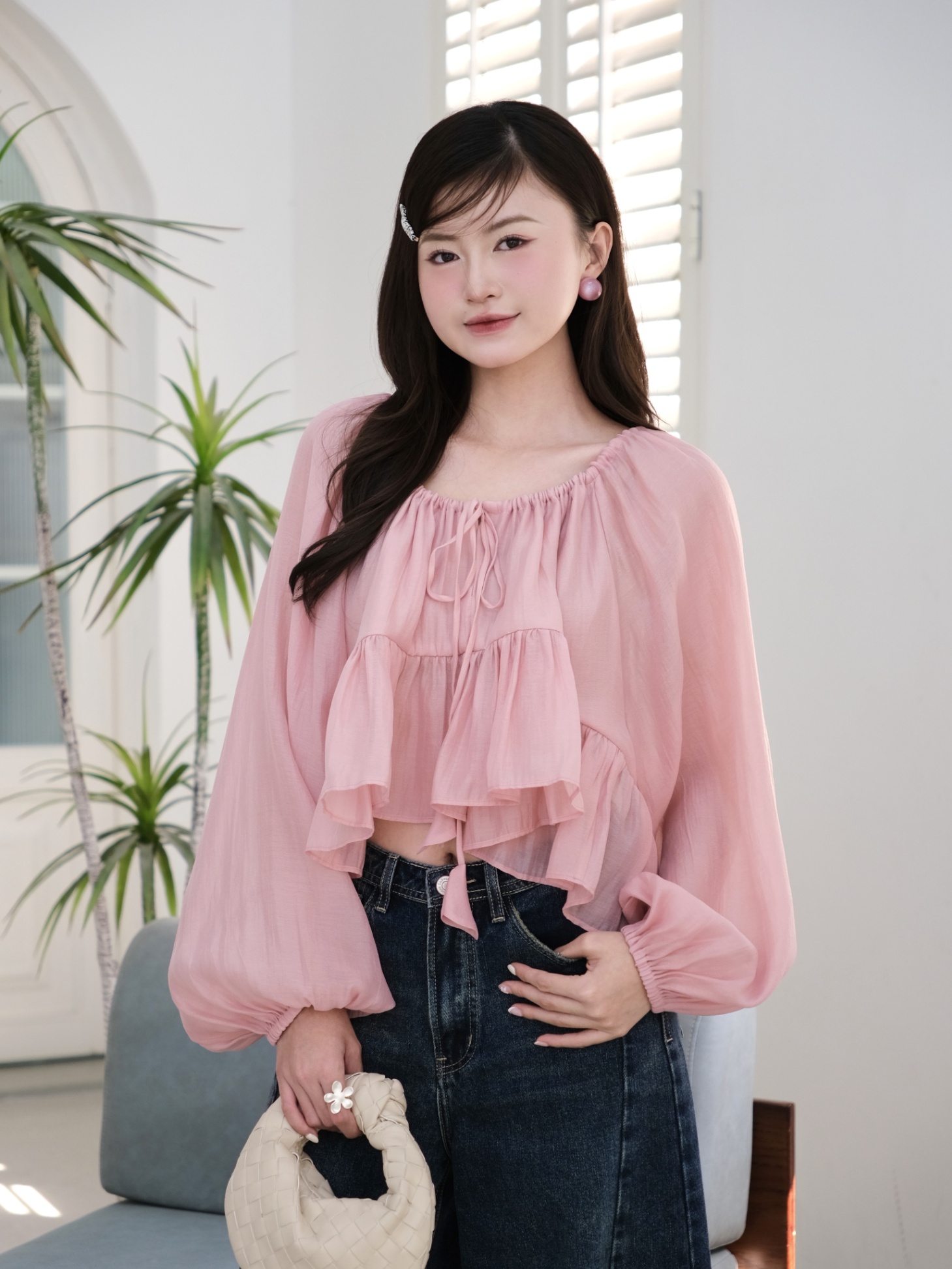 Áo tơ kiểu babydoll tay dài phối dây rút - AK007-2508LAT