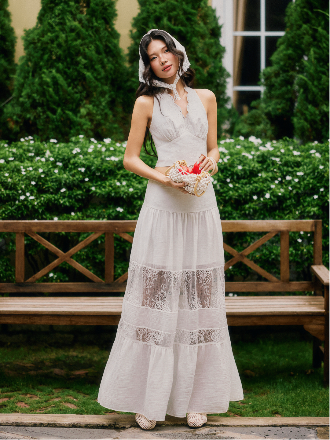 VD003 | Chân Váy Maxi Tơ Đũi Phồng Phối Ren Bản To
