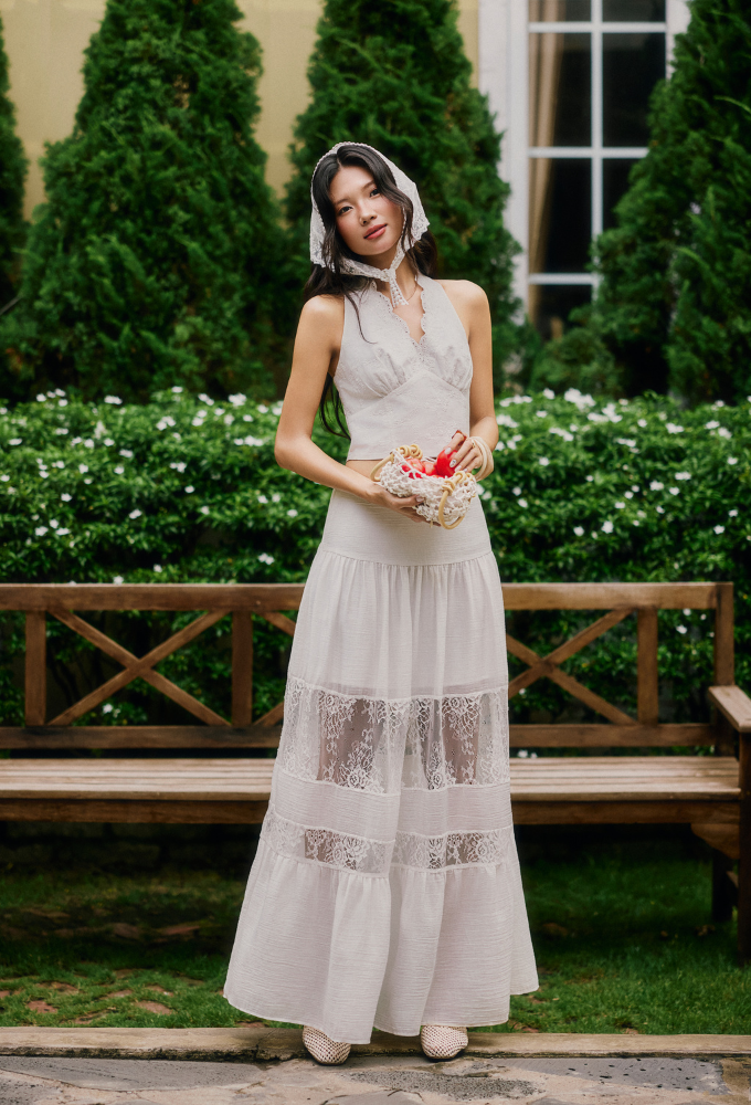 VD003 | Chân Váy Maxi Tơ Đũi Phồng Phối Ren Bản To
