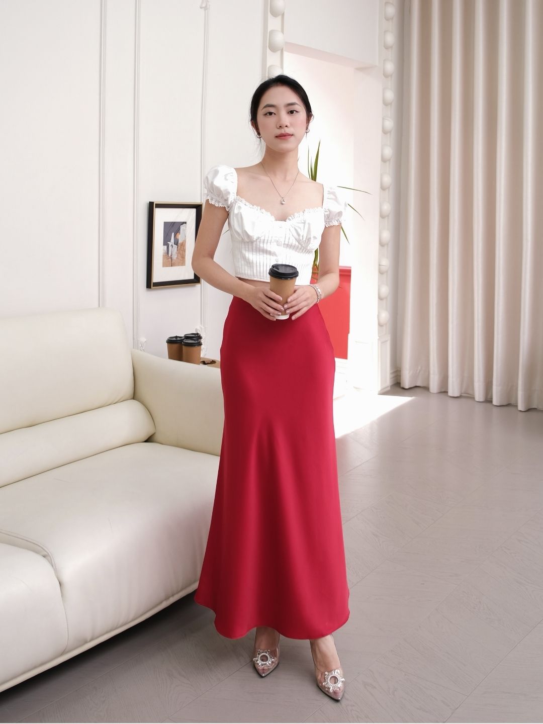 V006 | Chân Váy Lụa Basic Dáng Dài 2 Lớp Lụa Vân Gỗ