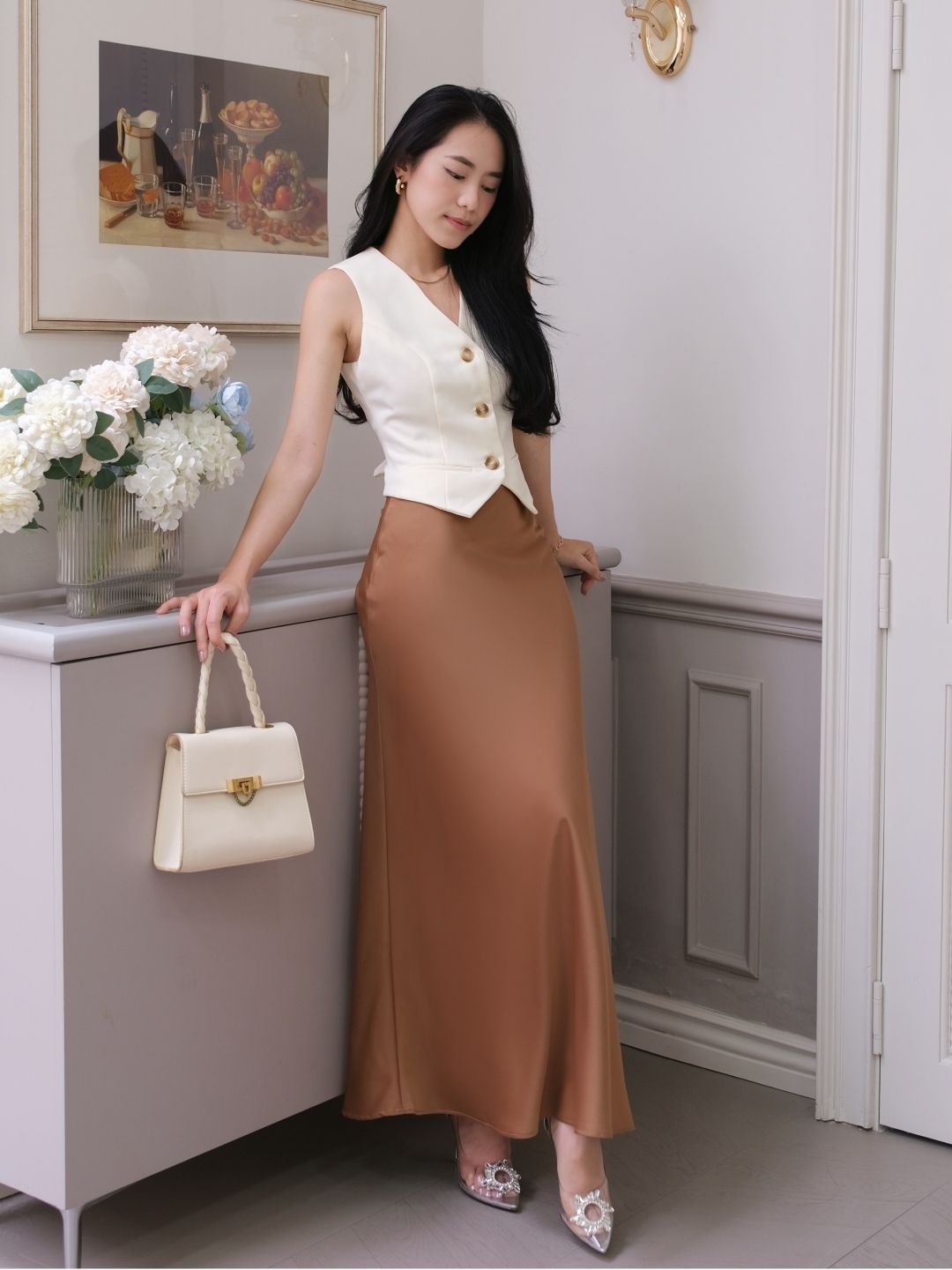 V006 | Chân Váy Lụa Basic Dáng Dài 2 Lớp Lụa Vân Gỗ