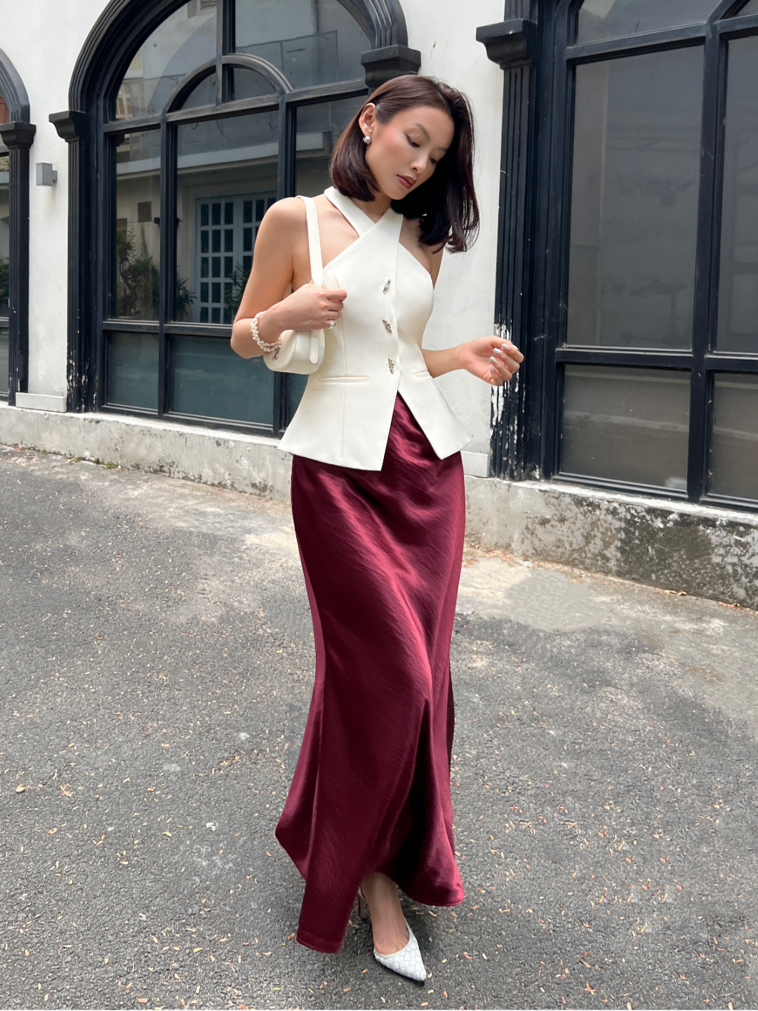 V024 | Chân Váy Lụa Nhũ Nhún Eo Dáng Dài Dài 2 Lớp