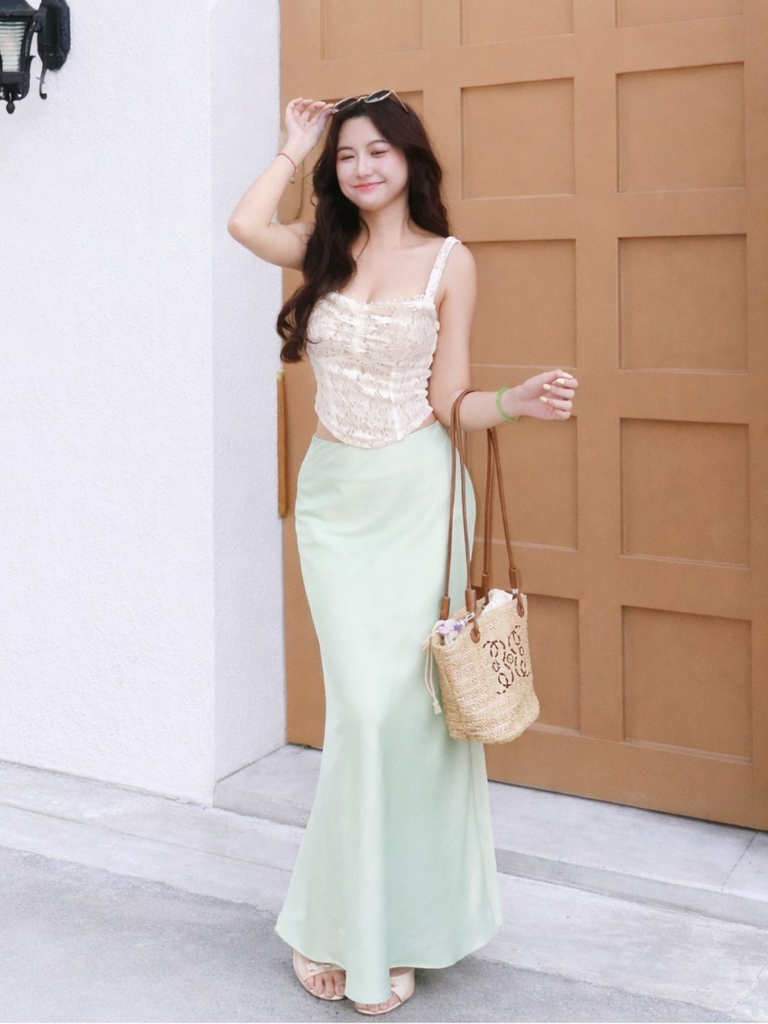 V006 | Chân Váy Lụa Basic Dáng Dài 2 Lớp Lụa Vân Gỗ