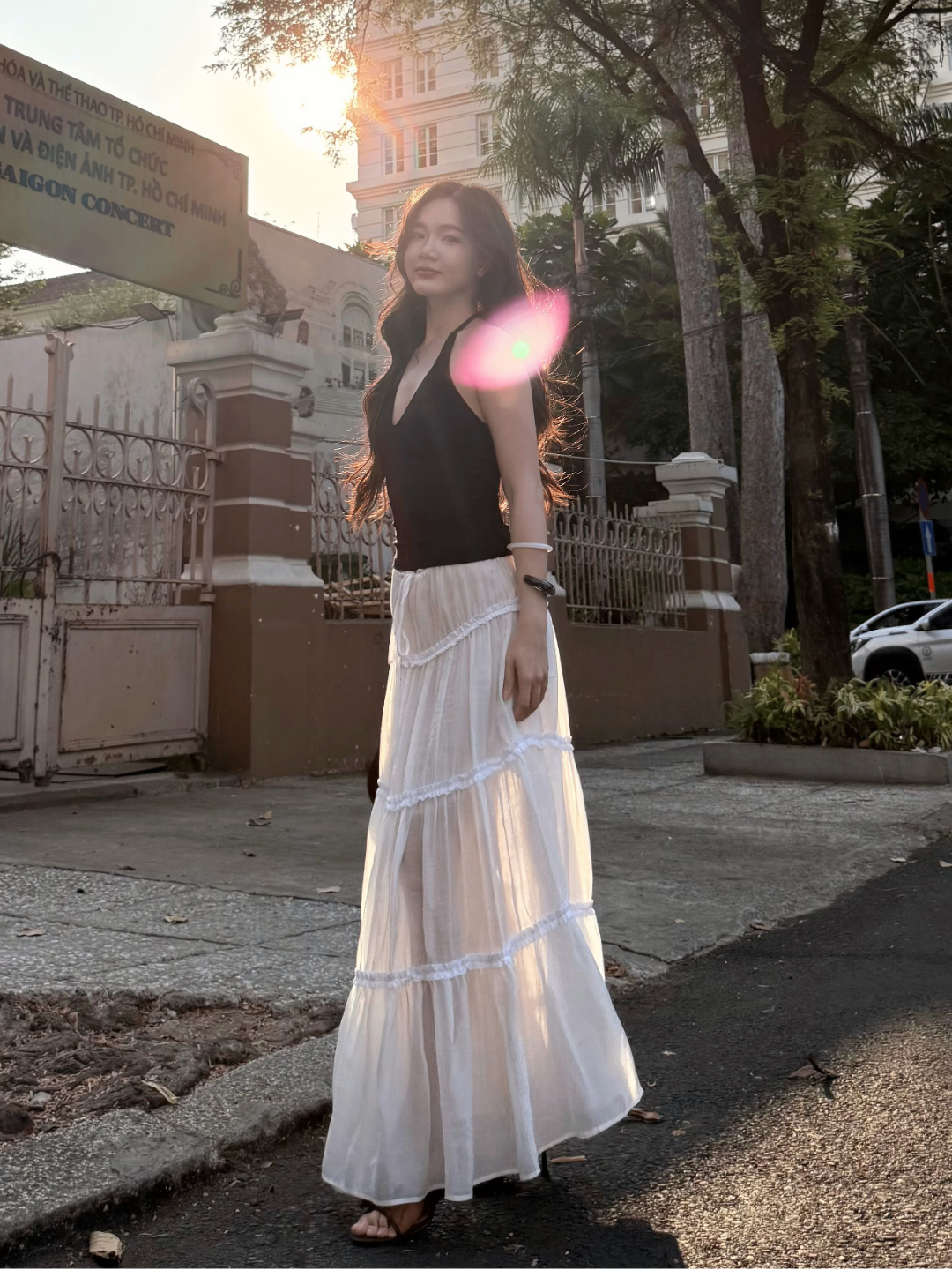 V027 | Chân Váy Maxi Tơ Phối Ren Dây Rút Eo