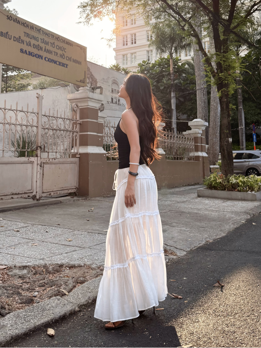 V027 | Chân Váy Maxi Tơ Phối Ren Dây Rút Eo