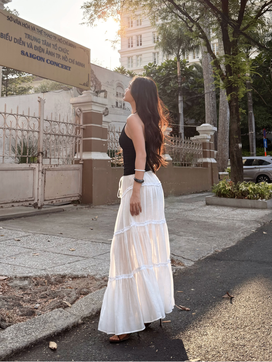 V027 | Chân Váy Maxi Tơ Phối Ren Dây Rút Eo
