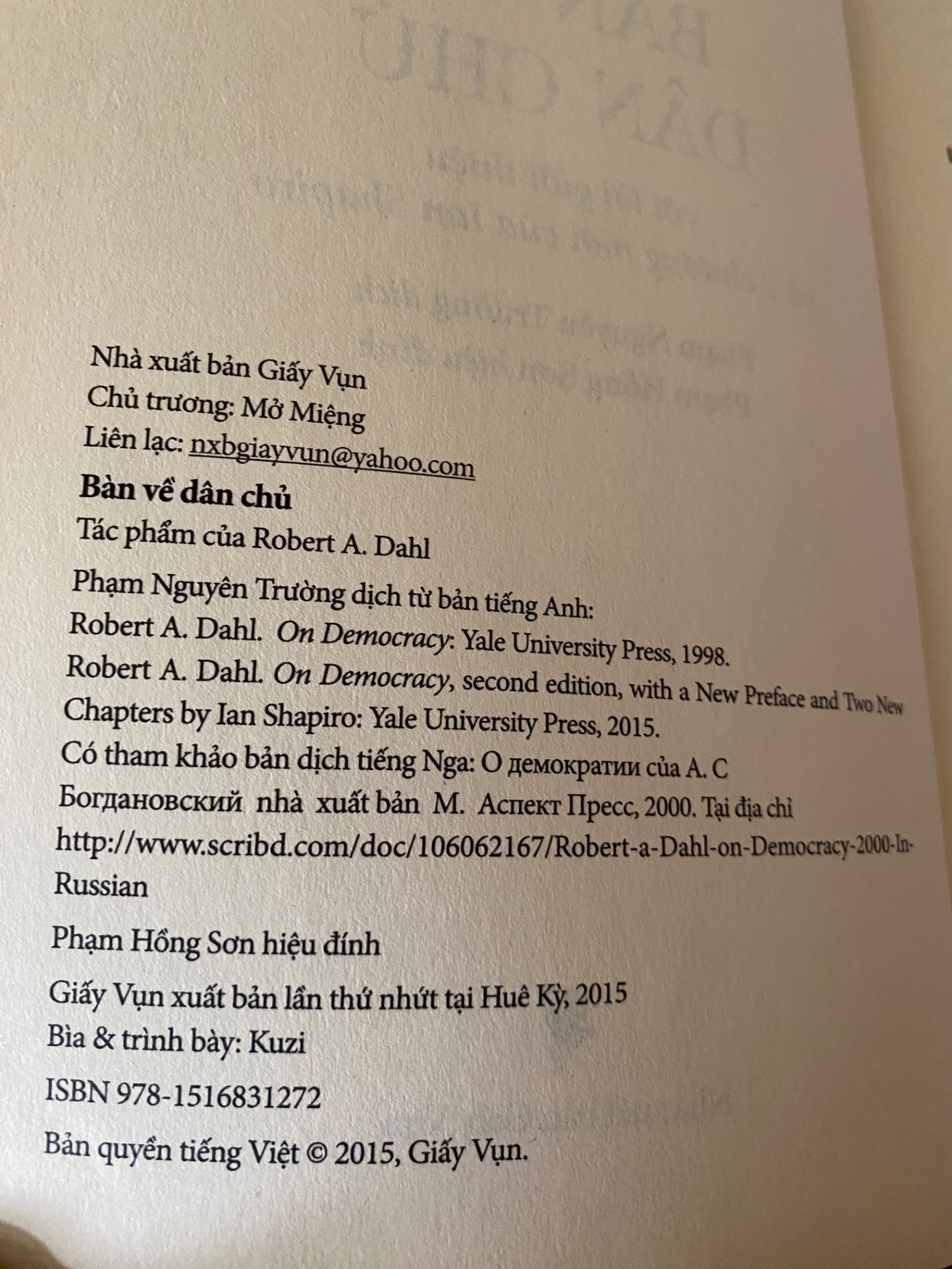 Bàn Về Dân Chủ- Robert A. Dahl- Phạm Nguyên Trường dịch,Phạm Hồng Sơn hiệu đính- NXB Giấy Vụn- Xuất bản lần 2, 2020