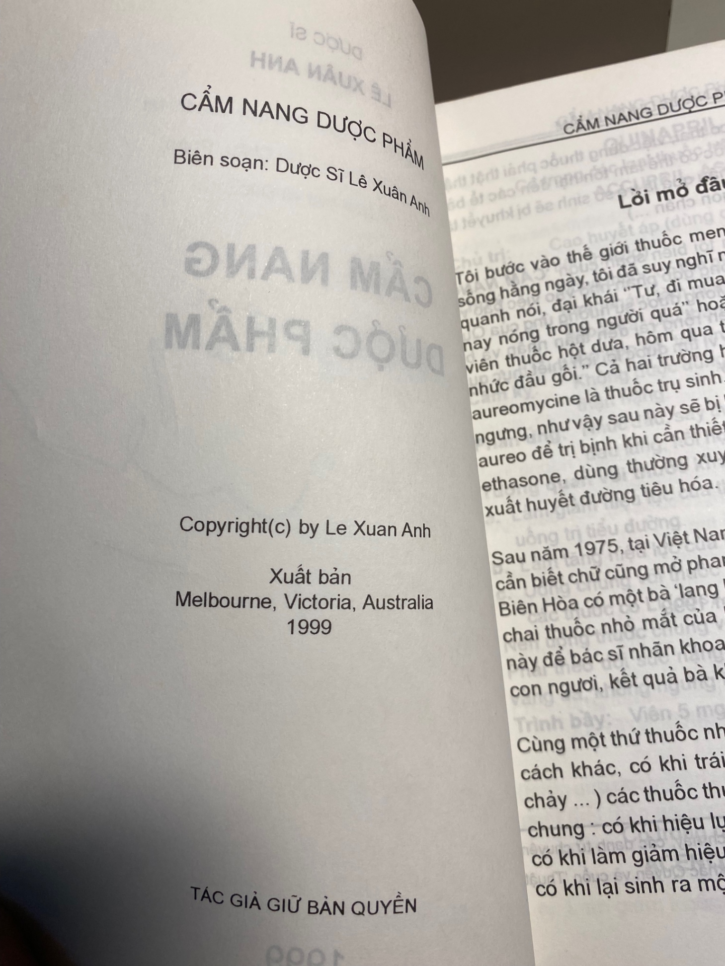 Cẩm Nang Dược Phẩm- Dược Sĩ Lê Xuân Anh- Tác giả giữ bản quyền- Xuất bản Melbourne, Victoria,Australia 1999