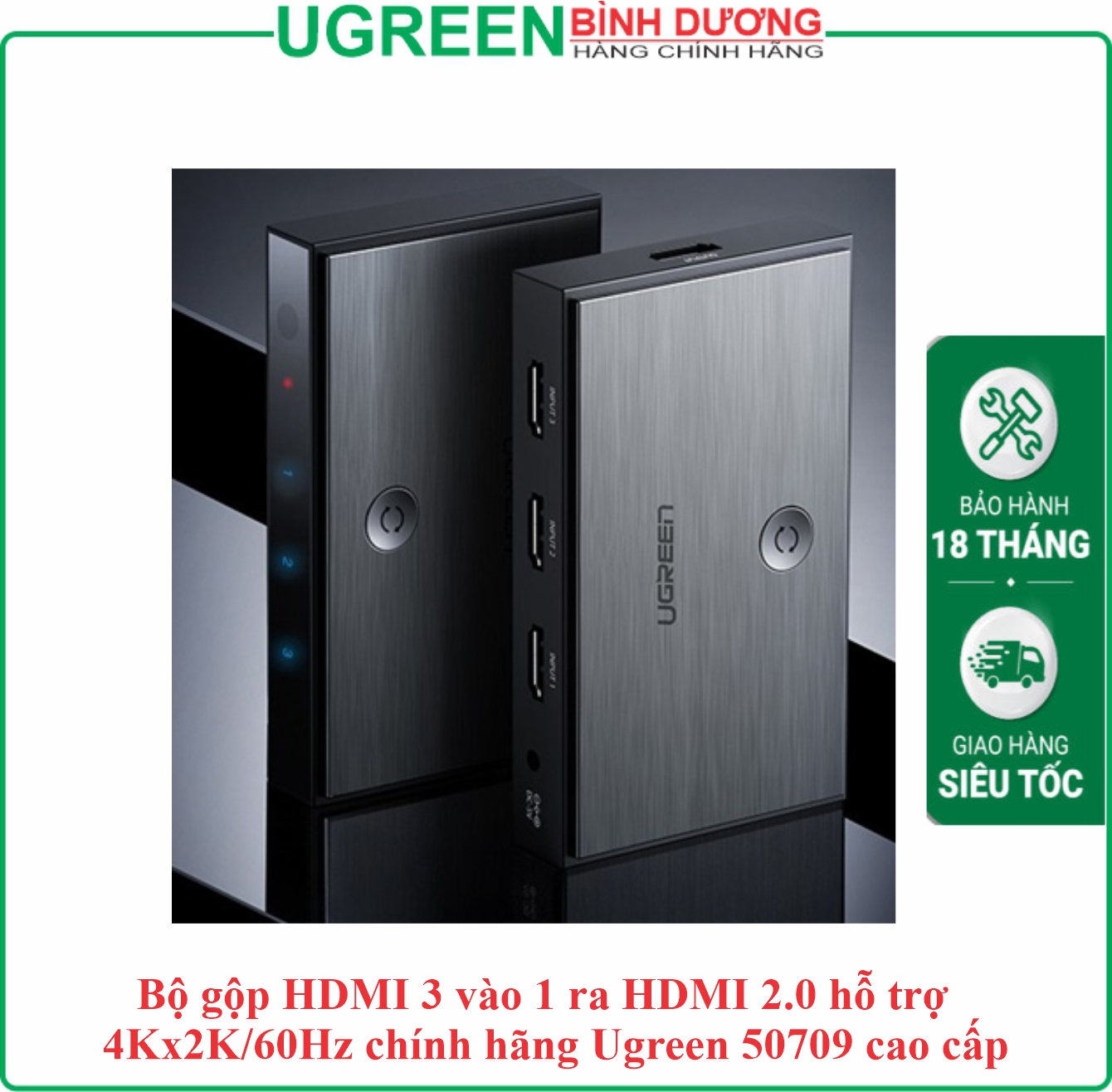 Bộ Gộp HDMI 3 vào 1 ra màn hình hỗ trợ HDMI 2.0 4K60Hz Ugreen (50709US)