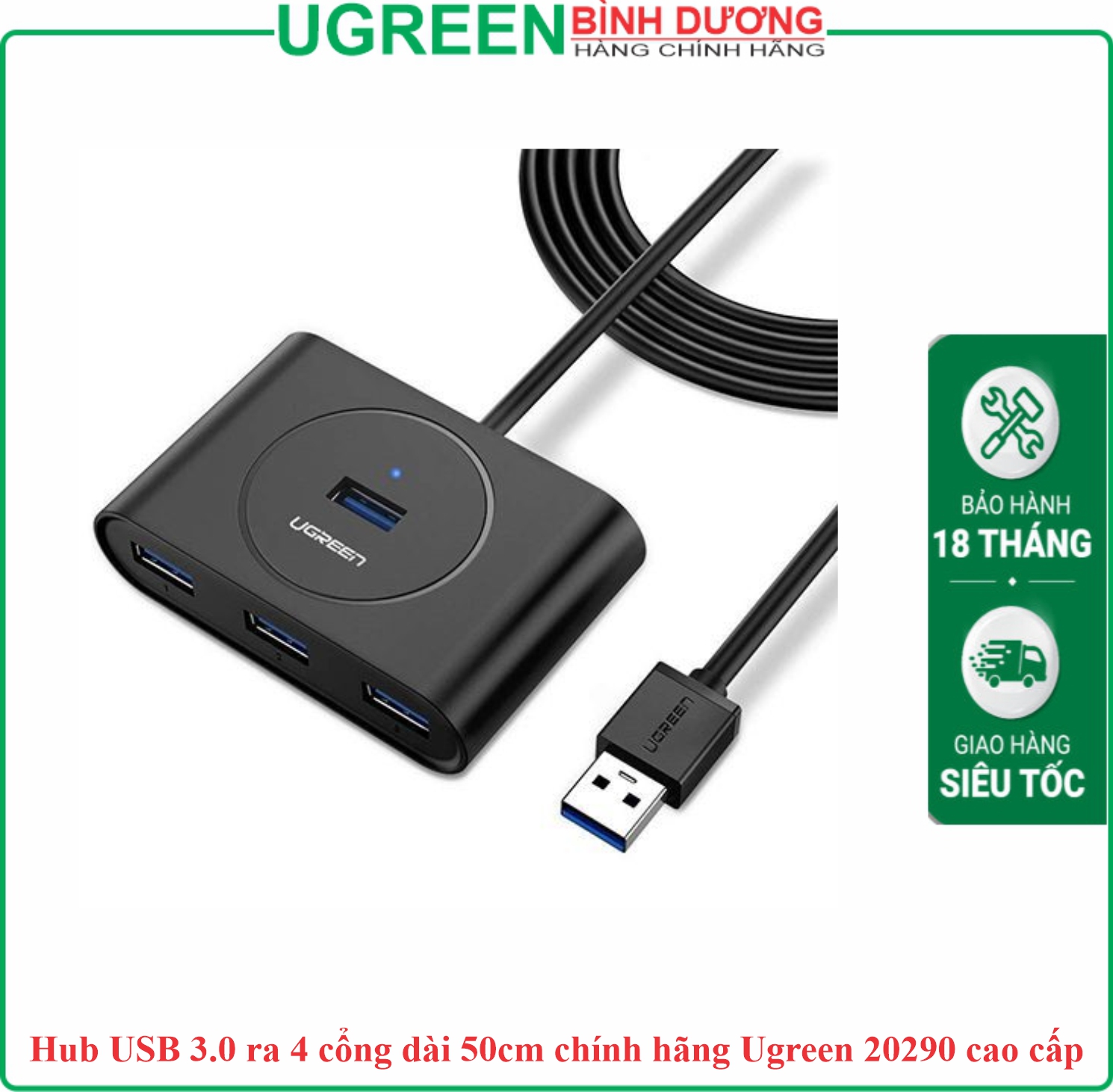 Hub chia USB 1 ra 4 cổng USB 3.0 dài 0.5cm màu đen Ugreen (20290)